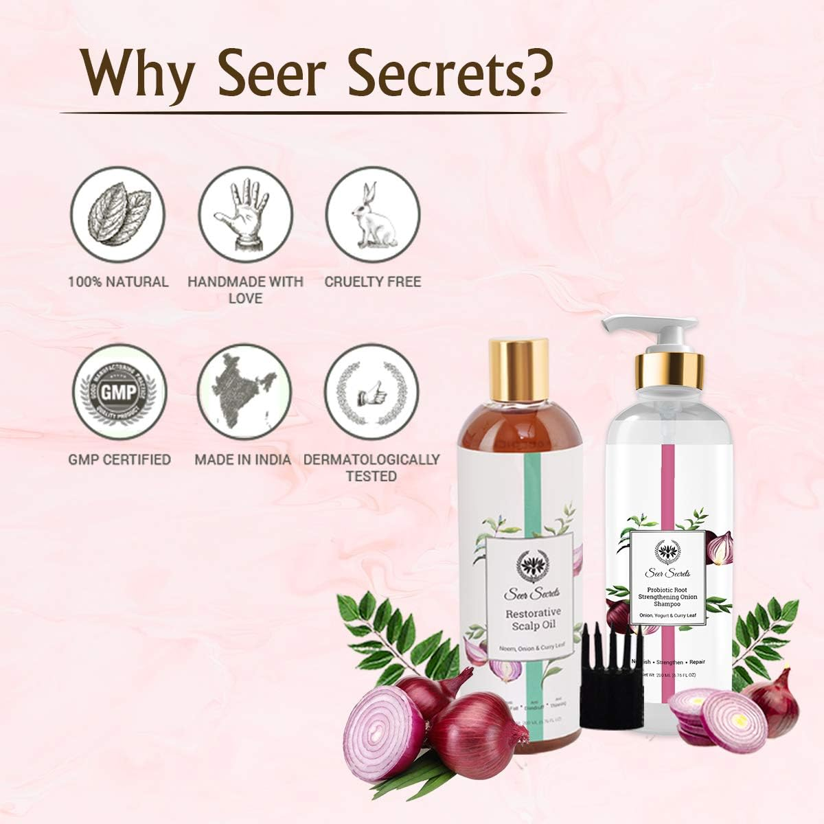 Seer Secrets Natural Onion Hair Pack of Restorative Scalp Curry Leaf, Neem & Onion Hair Oil 200 ML & Seer Secrets Probiotic Root Strengthening Yogurt, Curry Leaf & Onion Shampoo 200Ml- Combo Pack image number 4