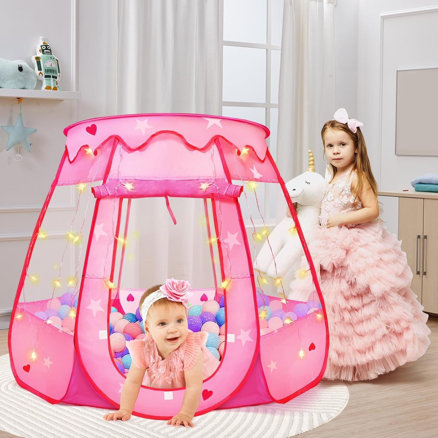 Pop up Princess Tent with Star Light, Toys for 1 2 3 Year Old Girl Birthday Gift, Ball Pit for Baby 12-18 Month, Foldable Kids Play Tent for Toddler 1-3, One Year Old Girl Toy Indoor Outdoor image number 1