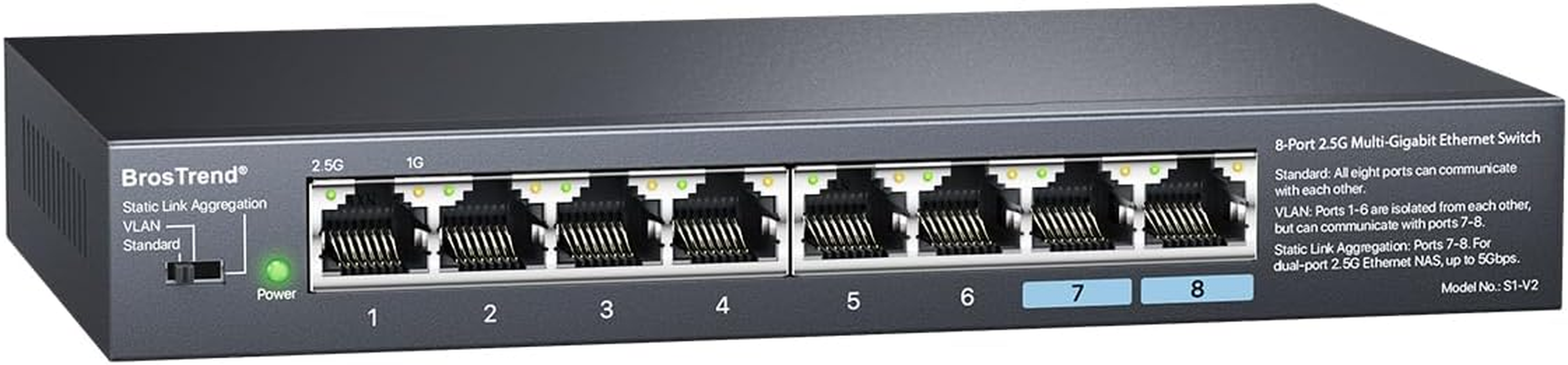Brostrend 8-Port 2.5Gb Ethernet Switch, Unmanaged Multi-Gigabit Network Switch Supports Static Link Aggregation & VLAN for Gaming, NAS, PC, Network Splitter Plug & Play, Fanless, Lifetime Protection image number 4
