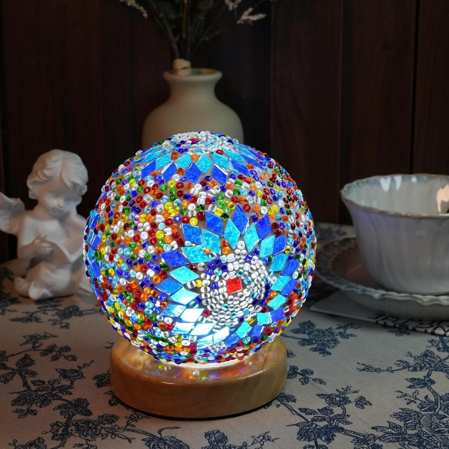 Boho Color Mosaic Lamp Vintage Retro Stained Turkish Moroccan Bohemian Tiffany Bedside Colorful Handmade Glass with Wood Base USB Charge Decor Light for Bedroom Ambient Living Room Farmhouse - Boho A Green image number 6