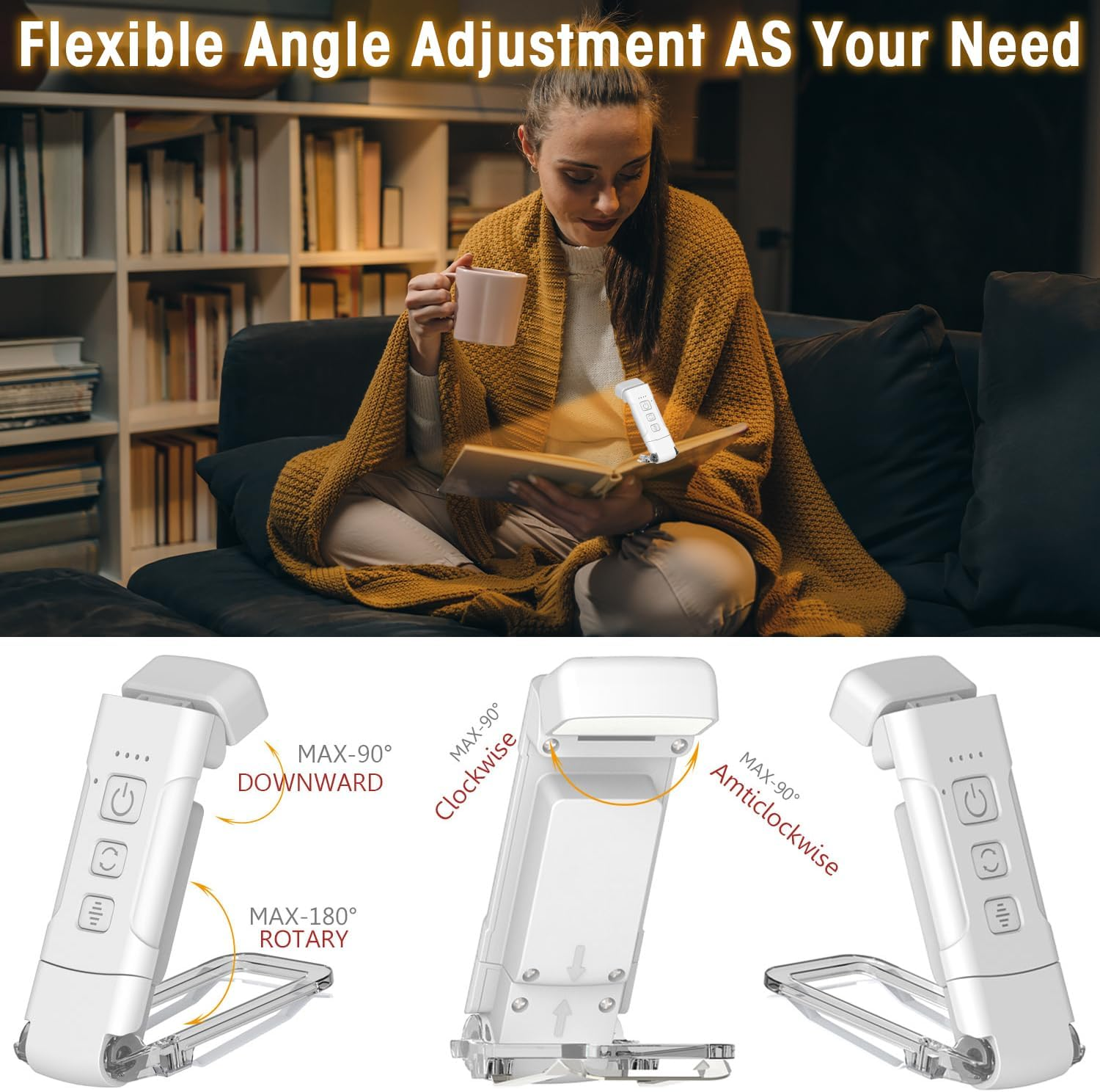 USB Rechargeable Book Light, Portable Clip-On 9 LED Reading Light, 5 Brightness & 3 Eye-Protecting Modes, Long Battery Life, Flexible Reading Lamp for Readers (White) image number 4