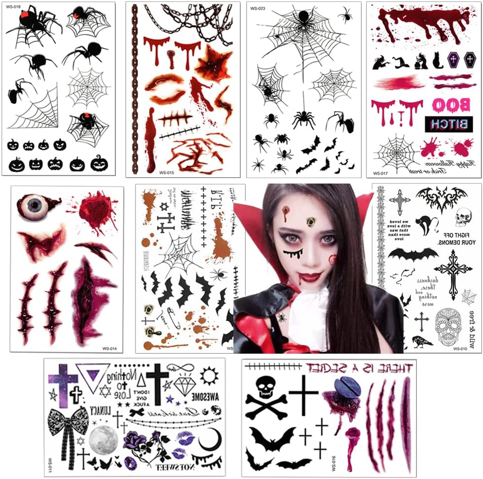 Halloween Tattoos Day of the Dead Temporary Tattoos Face Fake Stickers for Halloween Party Decoration 9Sheet Spider Scar Skull Body Makeup Decals - Christams image number 4