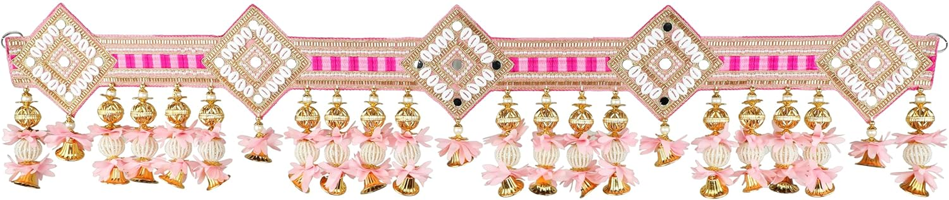 Decorative Toran Door Hanging Artificial Velvet Cloth Bandanwar Beads Wall Toran Wall Hanging for Main Door Entrance Window Home Temple Living Room Valance (Size:-35"X6")(Pink) - Yellow Flower image number 3