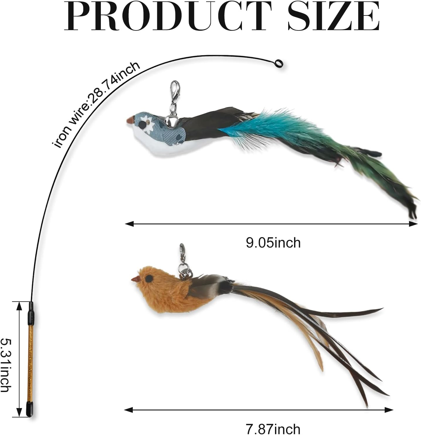 Andiker Interactive Cat Toy with Bell, Cat Wand with 2 Artificial Birds Replacement, Cat Feather Wand for Playing and Training, Funny Cat Sticks for Indoor and Outdoor Exercise (Blue+Brown) - Blue+Brown image number 6