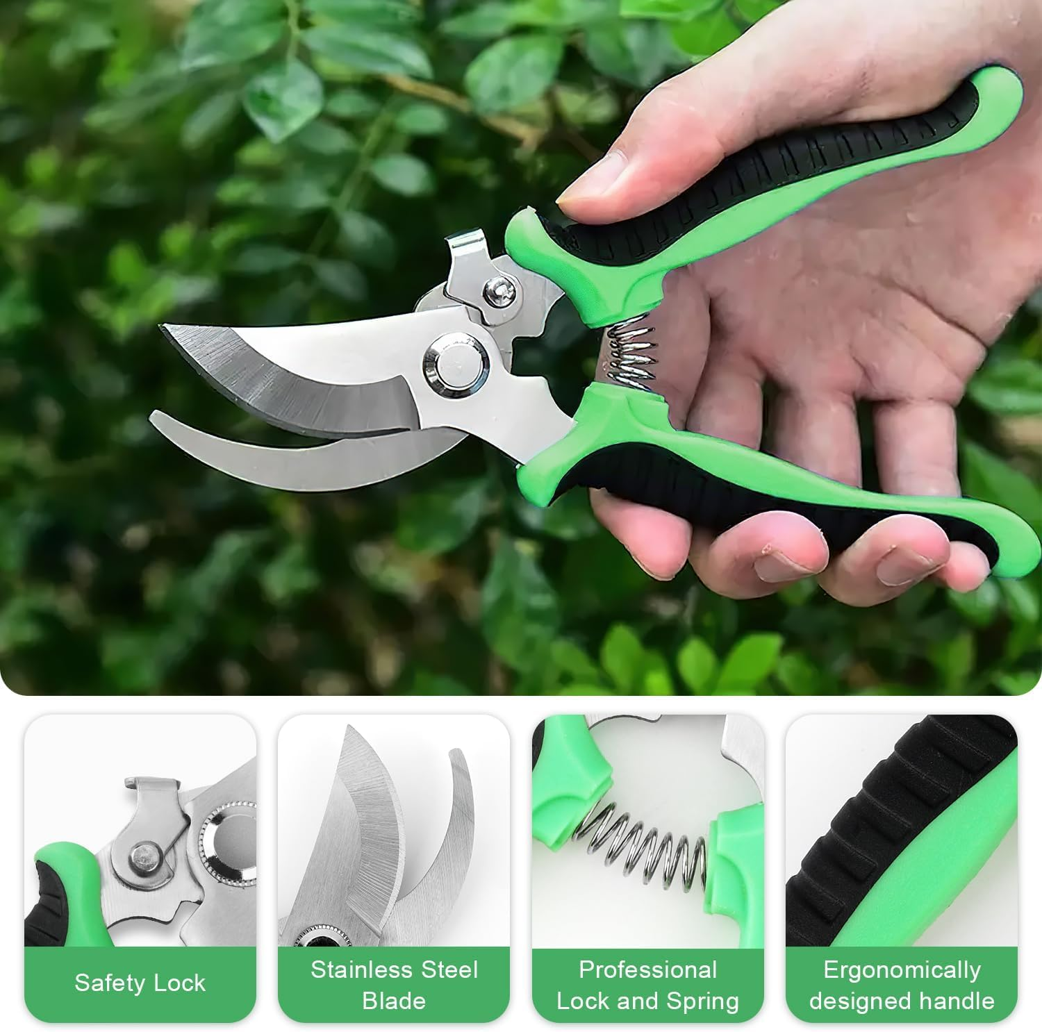 Pruning Shears Steel Blade Garden Shears with Safety Lock, Ergonomic Handles for Tree Trimming, Branch Cutting, Hedges & Plants (Green, 19Cm/7.5") image number 4