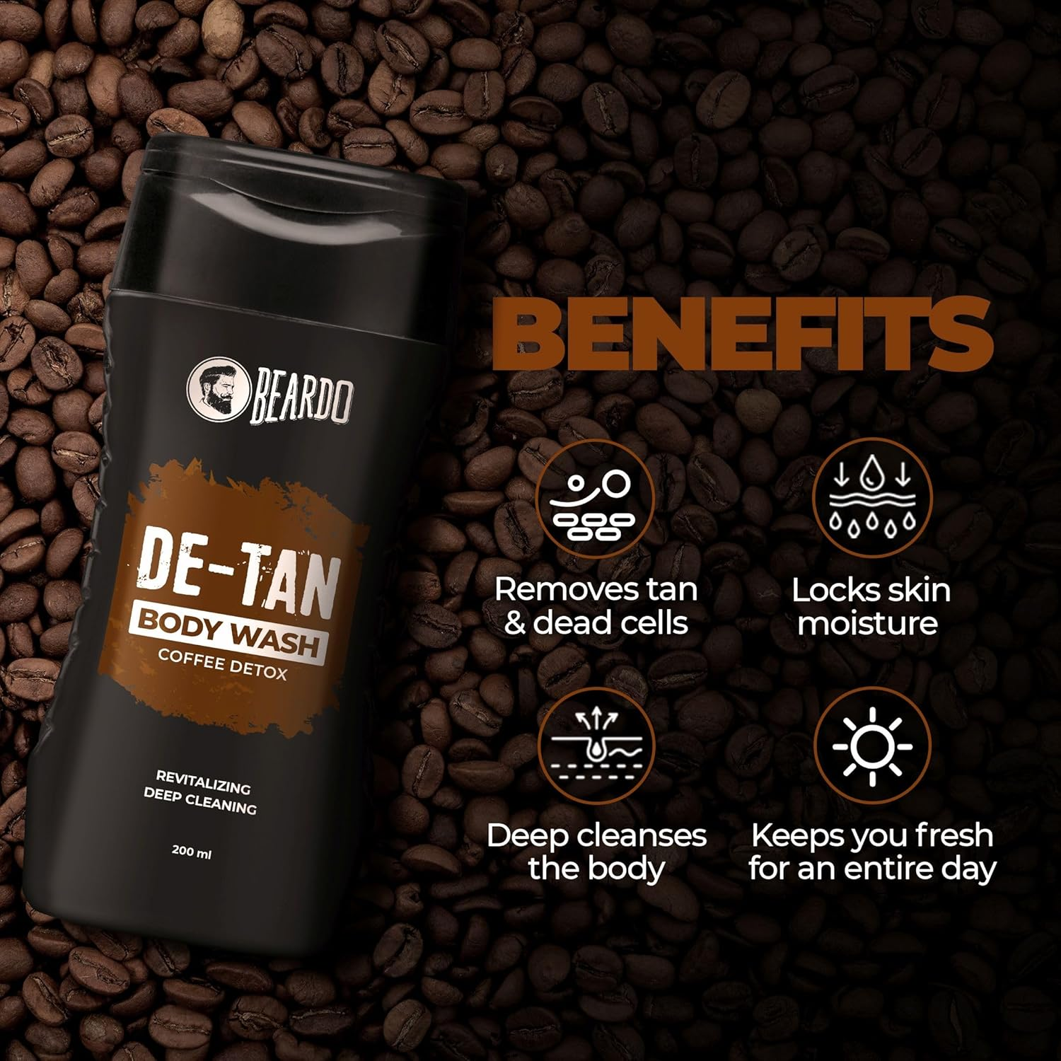 Beardo De-Tan Body Wash for Men, 200Ml | Tan Removal Bodywash for Men | De-Tan for Men | Caffeine Body Wash | with Coffee & Aloe Extracts | for Body & Face | Refreshing Fragrance image number 2