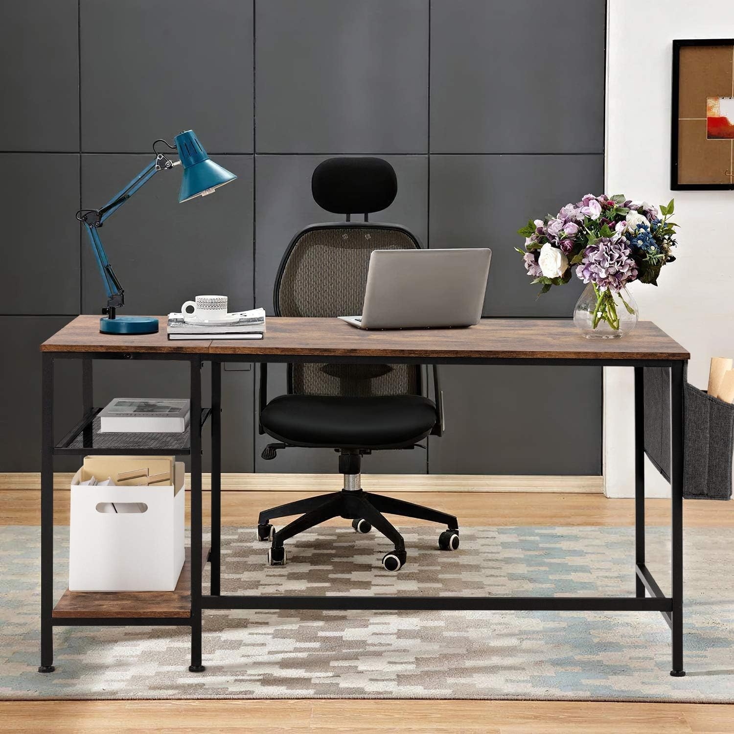 Furmax Home Office Desk 47 Inch Small Study Writing Desk Computer Simple Splice Board Table 2-Tier Laptop Table with Storage Bag and Removable Storage Shelves (Brown) - Brown/Black image number 4