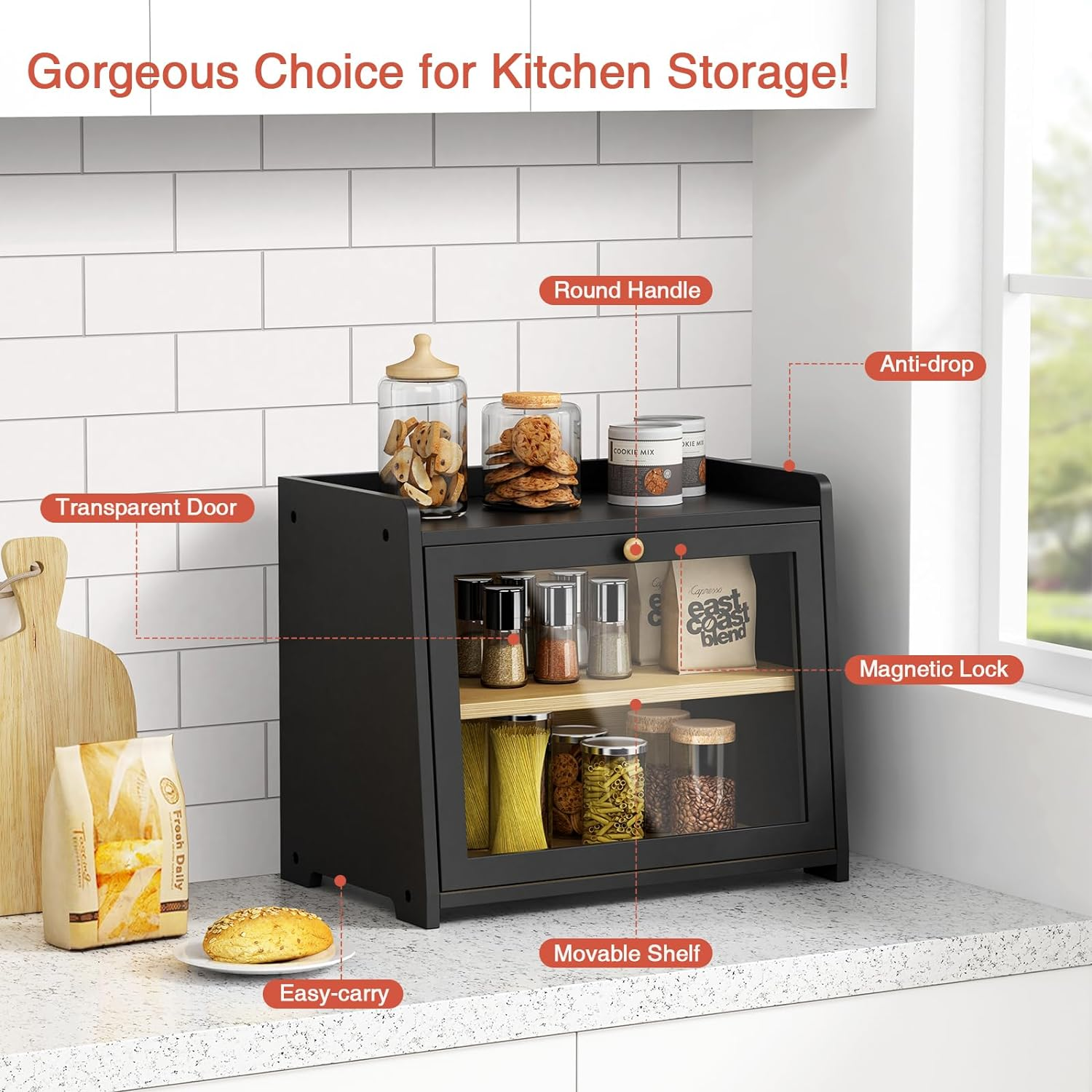 Goozii Black Bread Box for Kitchen Countertop, Large Bread Storage Container for Homemade Bread, Wood Farmhouse Breadbox Organizer for Kitchen Counter Corner, Cabinet, Pantry, Cupboard (Black) image number 6