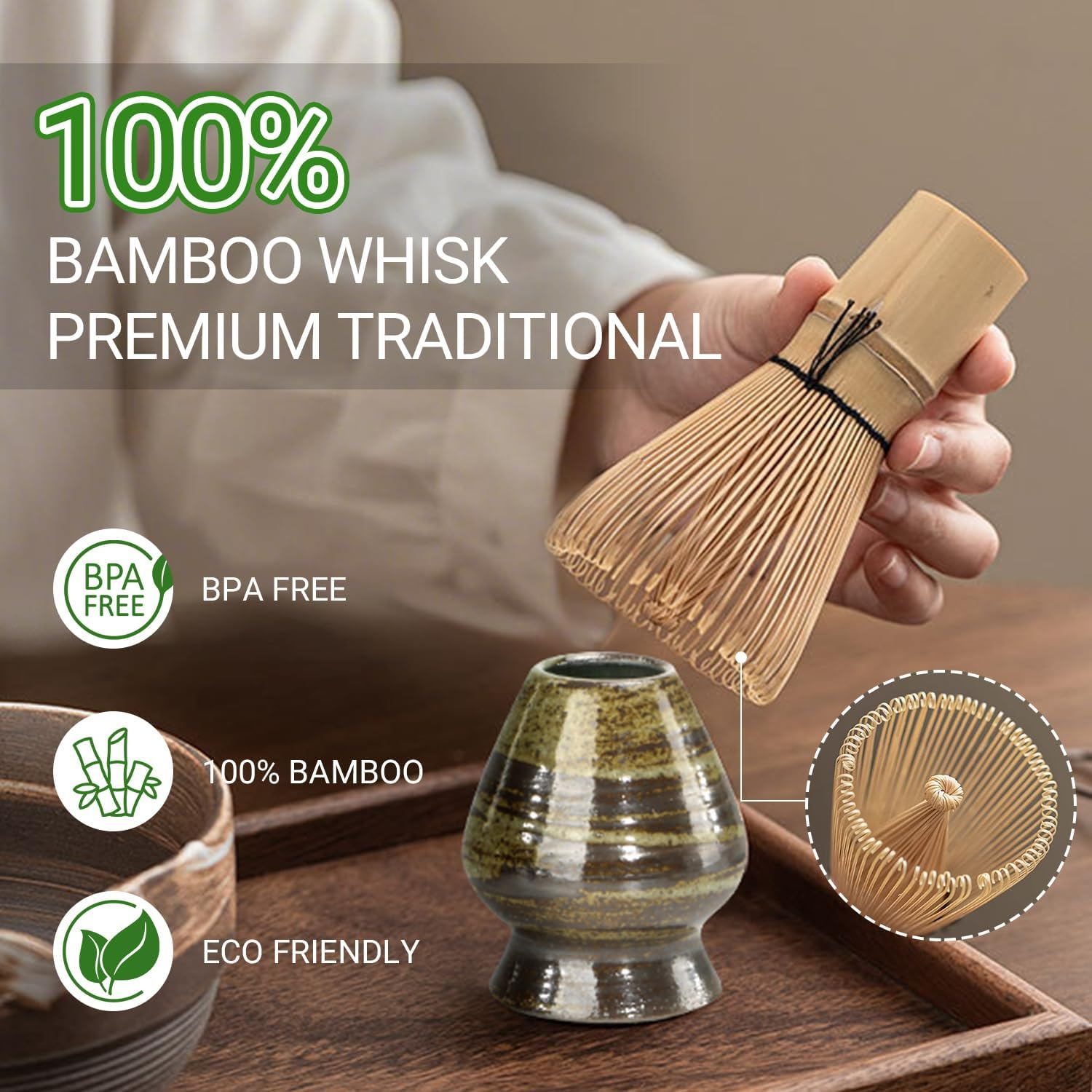 Matcha Whisk Set 7 Pcs- Japanese Traditional Tea Ceremony, Match Bowl with Spout, Whisk, Bamboo Scoop&times;2, Whisk Holder, Tea Cloth, Matcha Whisk Set Matcha Green Tea Making Kit (Classical Green) image number 6