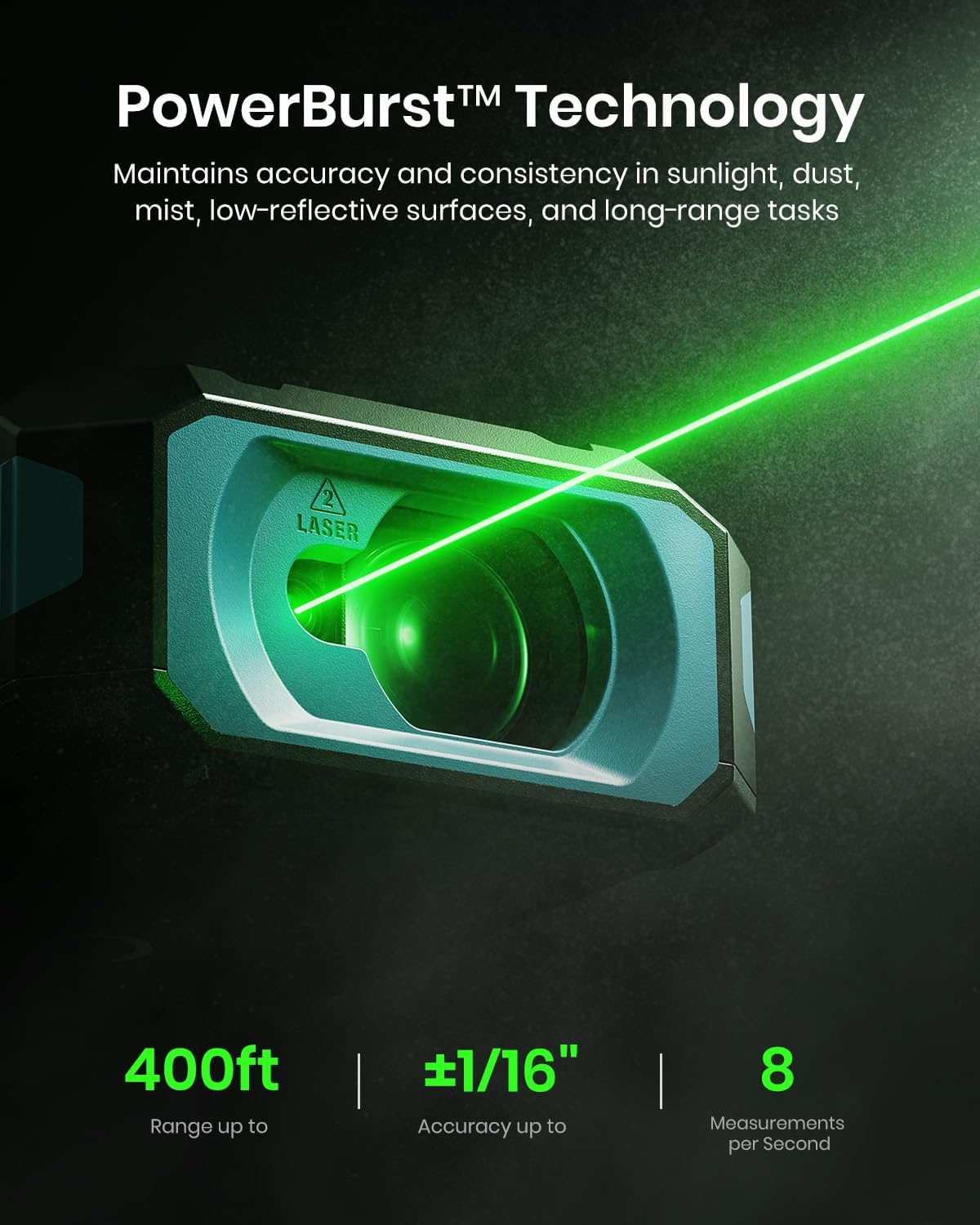 Mileseey S50 Green Laser Distance Meter &ndash; 400Ft Measurement Tool with Level, &plusmn;1/16" Accuracy, Ft/In 8 Units, Pythagorean/Area/Volume, P2P, 2.4" Backlit Display, IP54 for Construction, Home Improvement image number 2