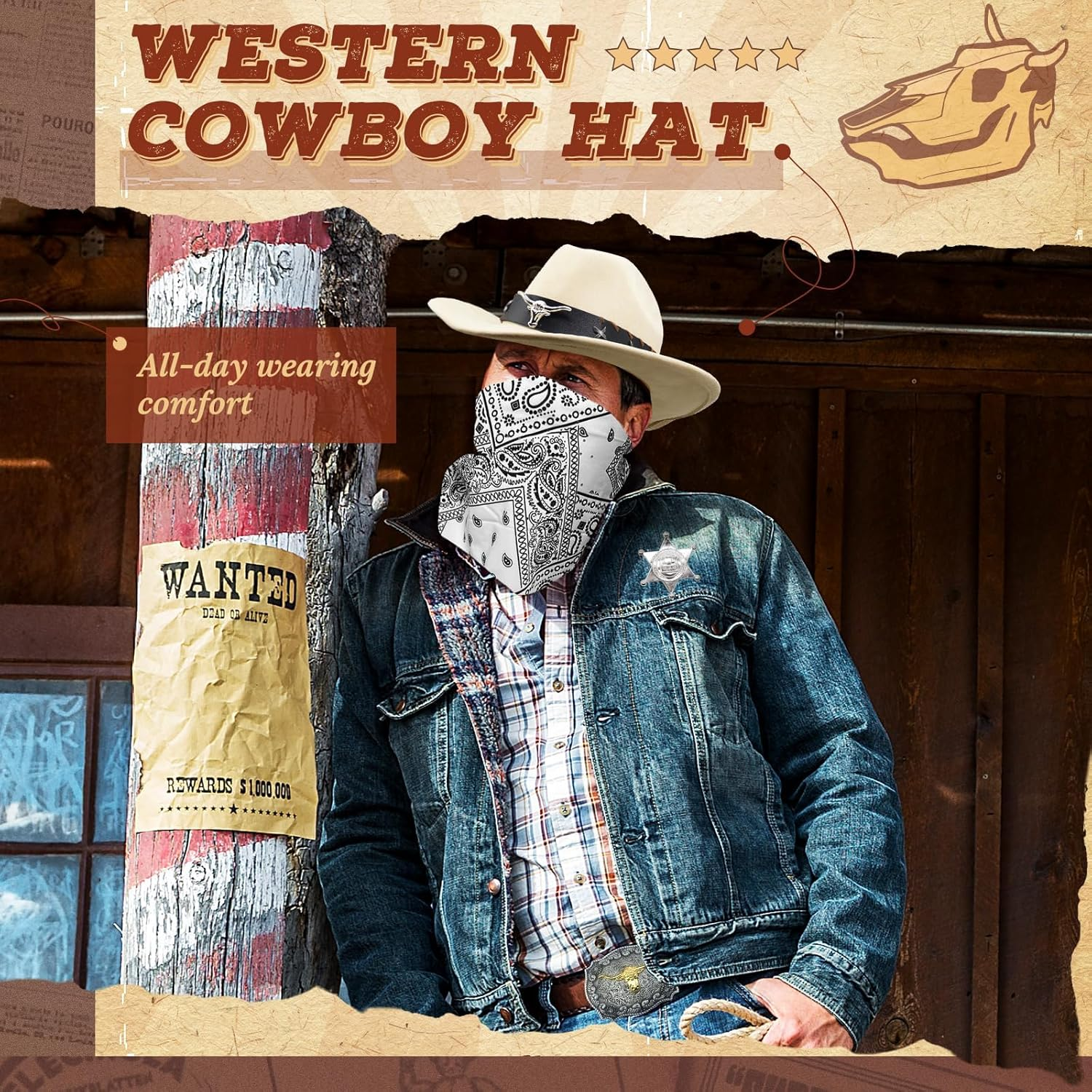 7-Piece Western Cowboy Costume Set, Cowboy Accessory Kit with Cowboy Hat, Sunglasses, Paisley Bandanas, Necklace, Badge, Bracelet for Men, Women, Halloween, Carnival Parties & Western Party image number 1