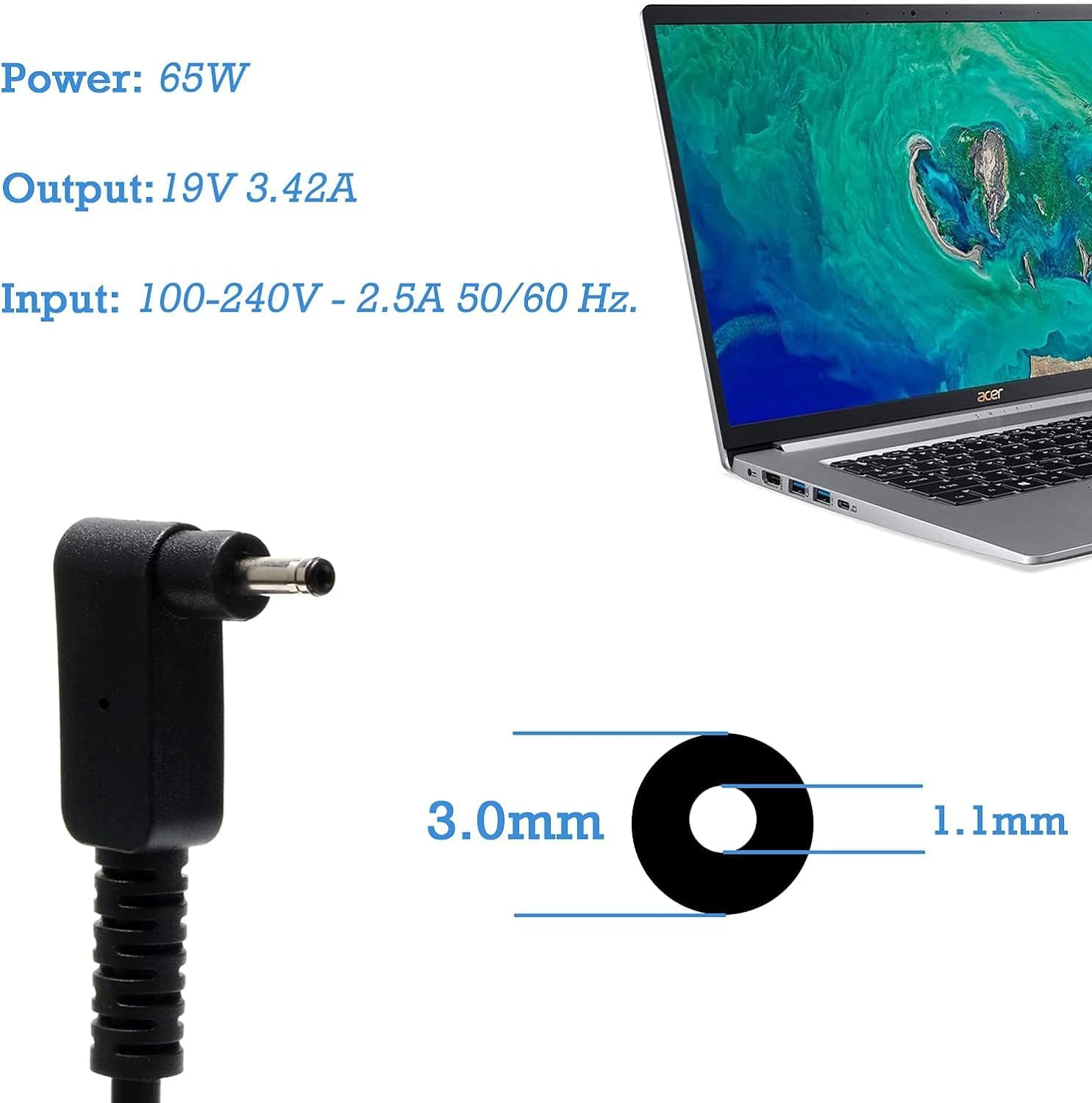 GTGUGR 65W Acer Laptop Charger for Acer Chromebook 11 13 14 15 R11 CB3-131-C3SZ CB3-111-C670 CB5-571-C1DZ C720-2103 CB5-132T-C1LK C730E-C4Ba,Aspire One Cloudbook 11 14 Aspire S5(19V 3.42A) Adapter image number 3