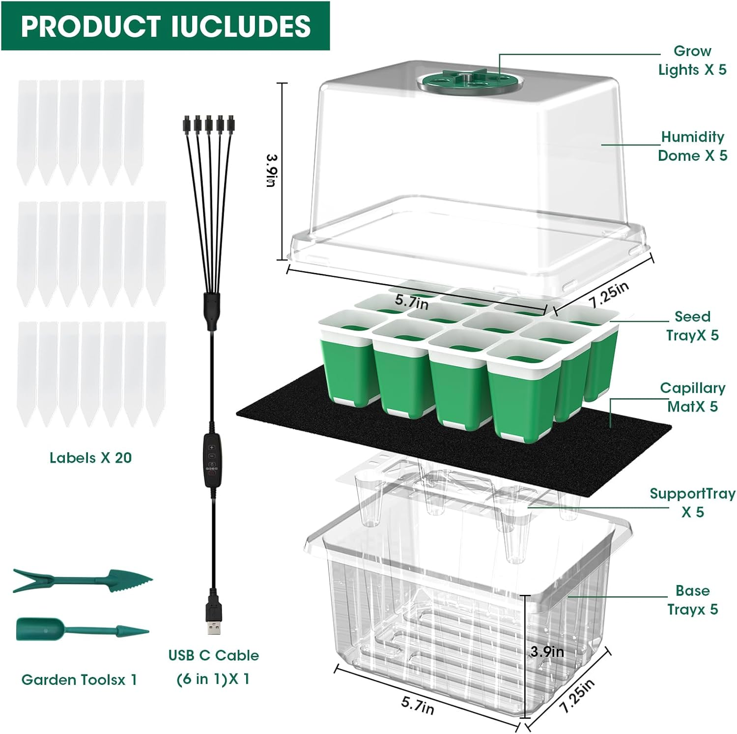 MQHUAYU Self Watering Seedling Tray with Grow Light, 5-Pack 60-Cell Reusable Seed Starter Kit with Soft Silicone, Plant Germination Trays with Humidity Dome for Seeding Planting Growing image number 5