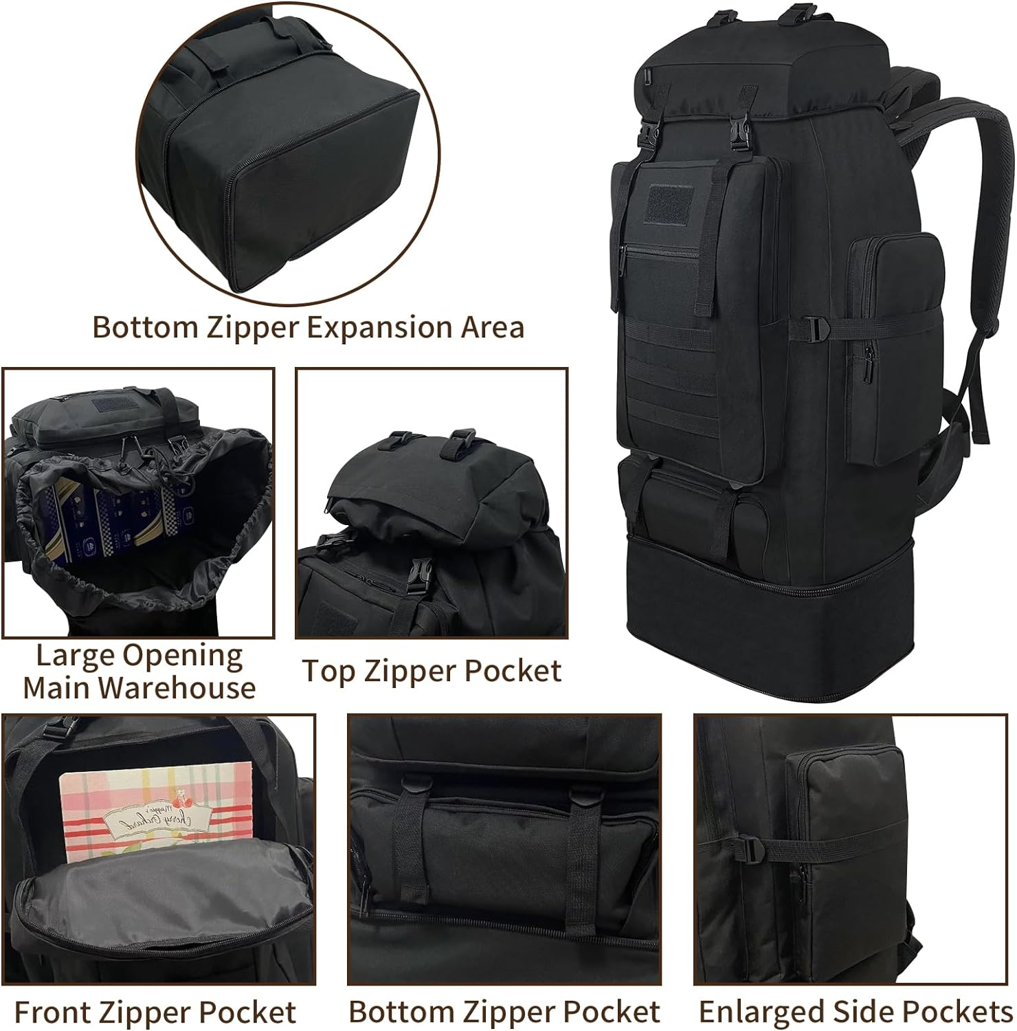 Vaupan Hiking Backpack, 100L Large Camping Backpack, Expandable Waterproof Molle Rucksack, Outdoor Sport Travel Daypack Military Tactical Backpack for Men Women (Black) image number 3