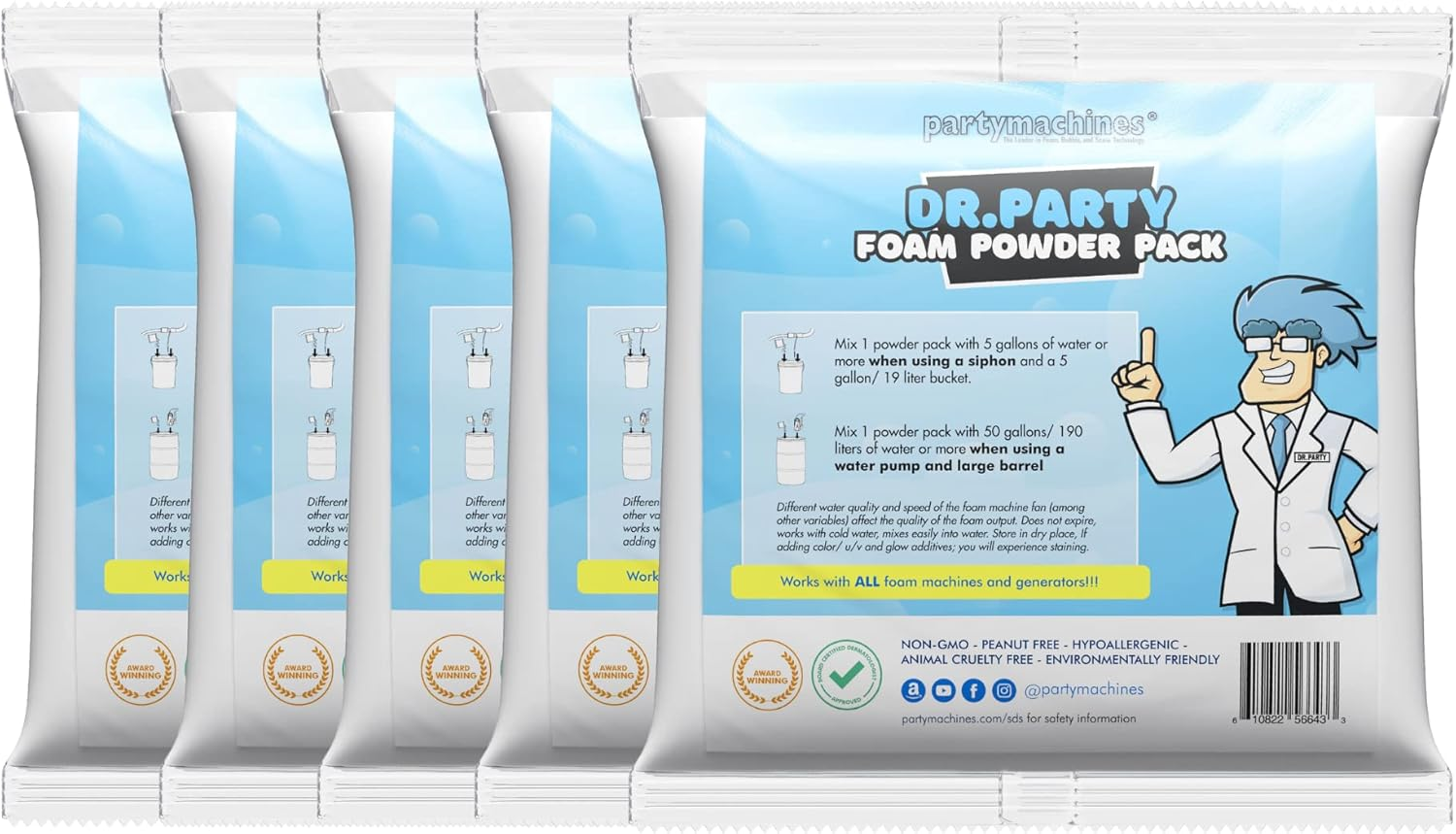 Foam Powder Pack of 5, Makes up to 600 Gallons of Foam Party Fun for Foam Machines by Dr. Party image number 6