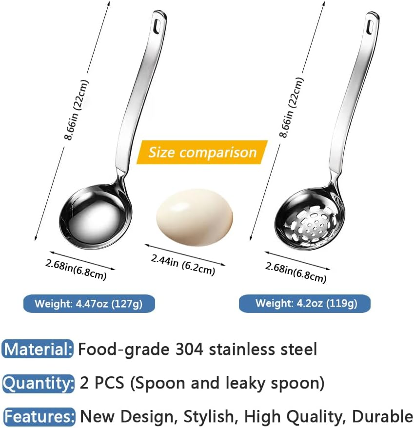 Soup Ladle Metal SUS304 Stainless Steel Ladles Spoon and Slotted Colander Spoon Set Small Soup Ladle with Holes Strainer Scoop Ladles for Serving Gravy Hot Pot or Restaurant,2 Piece Set image number 2
