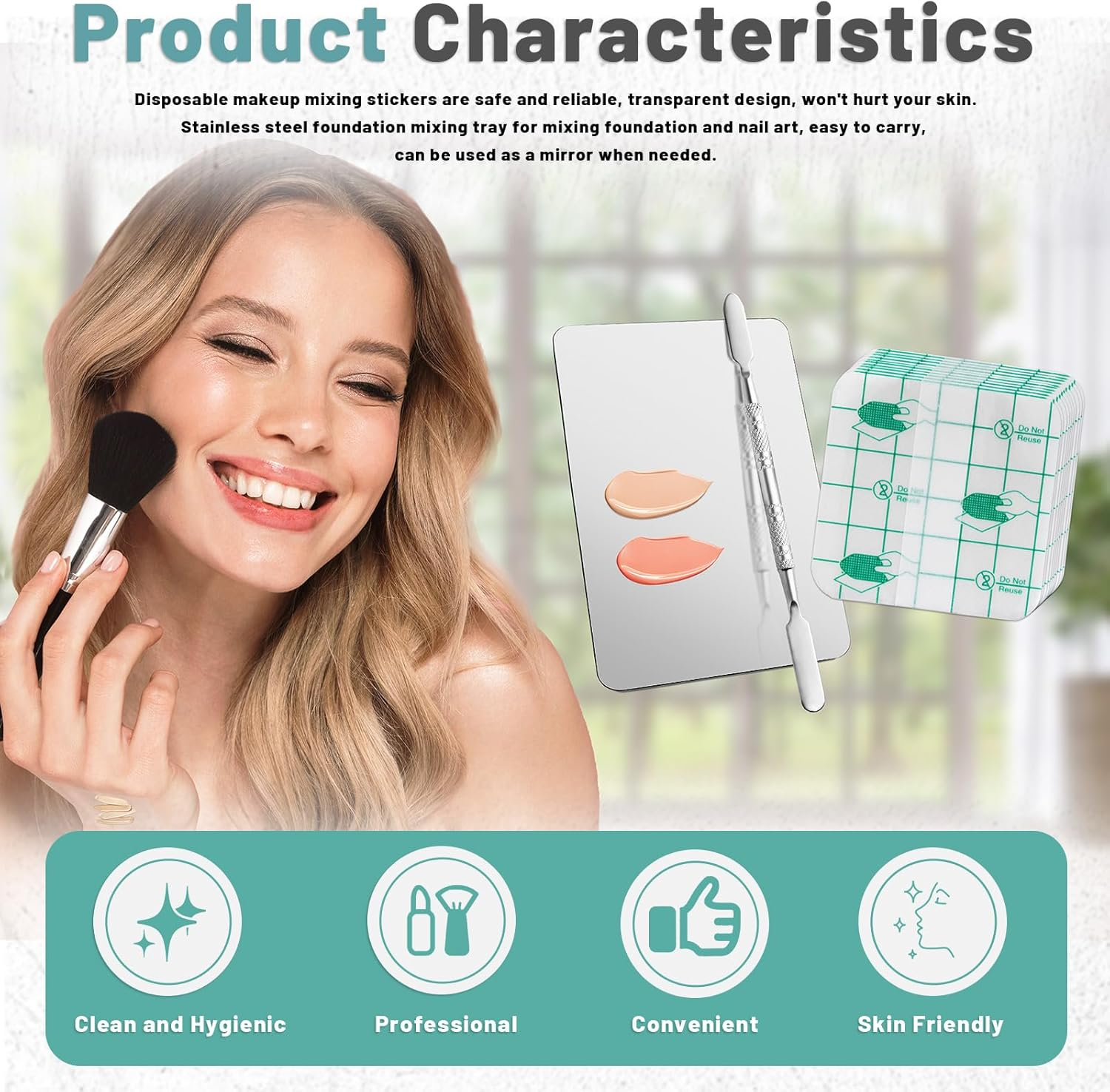 Makeup Mixing Palette Set Includes Make up Spatula, 100 Pieces of Makeup Hand Palette Single Use Cosmetic Tape, Foundation Palettes with Finger Ring on the Back for Make up Artist (Silver)