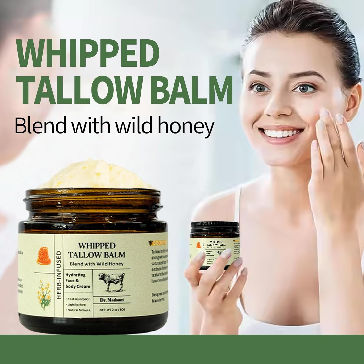 Beef Tallow Moisturiser, Tallow and Honey Balm, Grass-Fed Beef Tallow for Skin, Hydrating Beef Tallow Balm for Face Body, Skincare Cream with Olive Oil, Fast Absorption image number 3