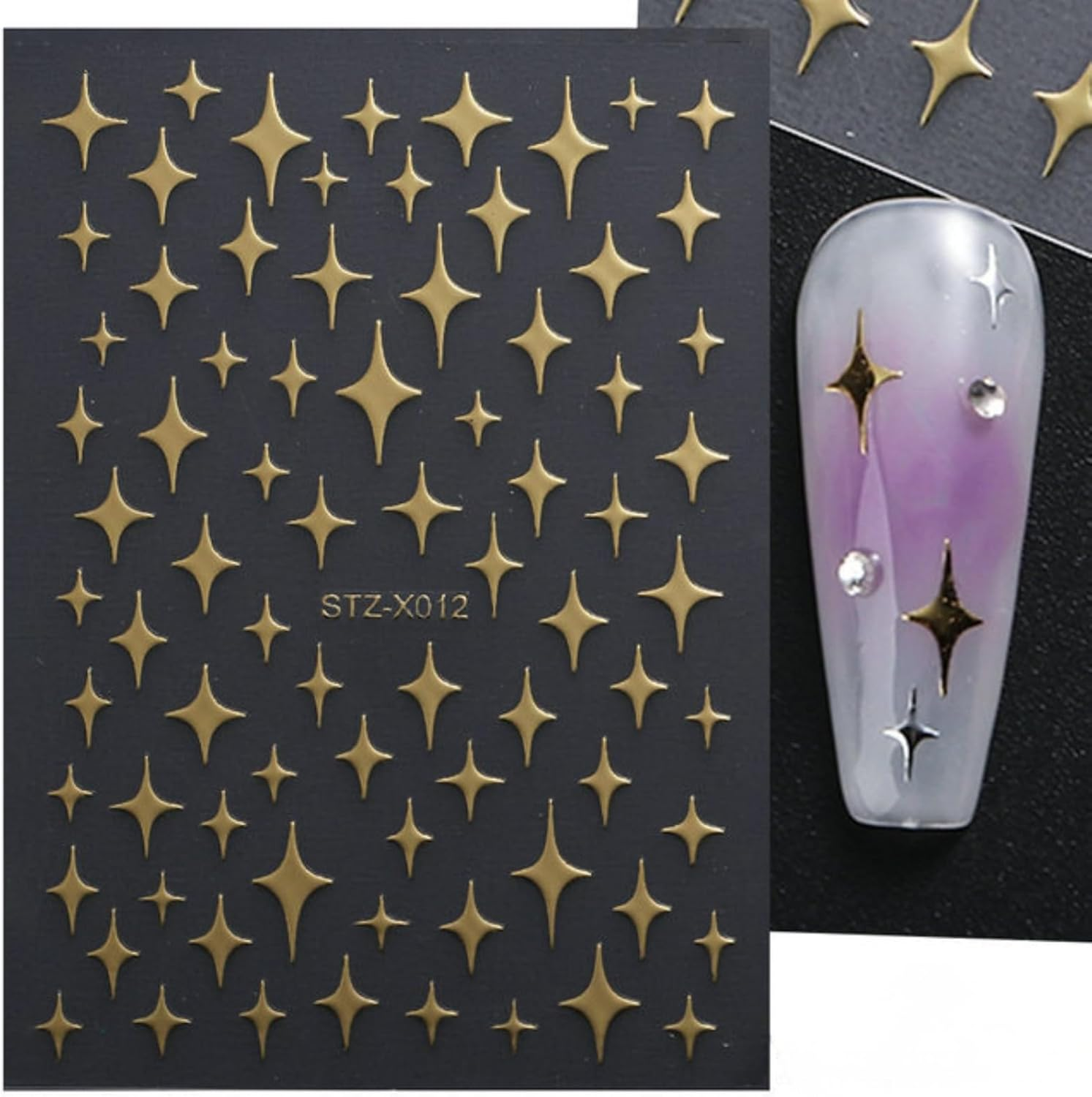 6 Sheets Nail Art Sticker, Self-Adhesive Decals with Glitter, 3D Holographic, Star, and Heart Designs, Nail Supplies for Stunning Nail Art Design and Decoration Accessories (Gold+Silver) image number 5