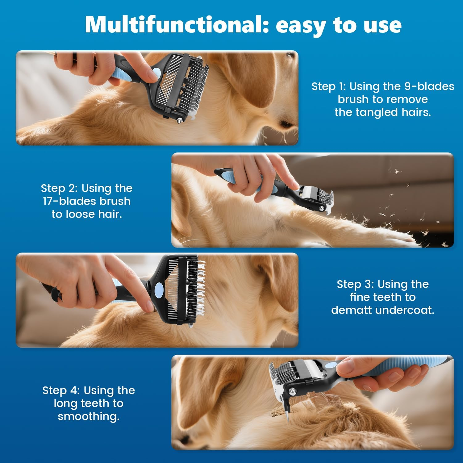 Yizhet Dog Brush & Cat Brush 3 in 1, Double-Sided Undercoat Brush with Blades 17+9, Undercoat Brush for Detangling & Tangling Dogs Cats with Long Hair, Thick Fur, Undercoat, Blue - Green image number 2