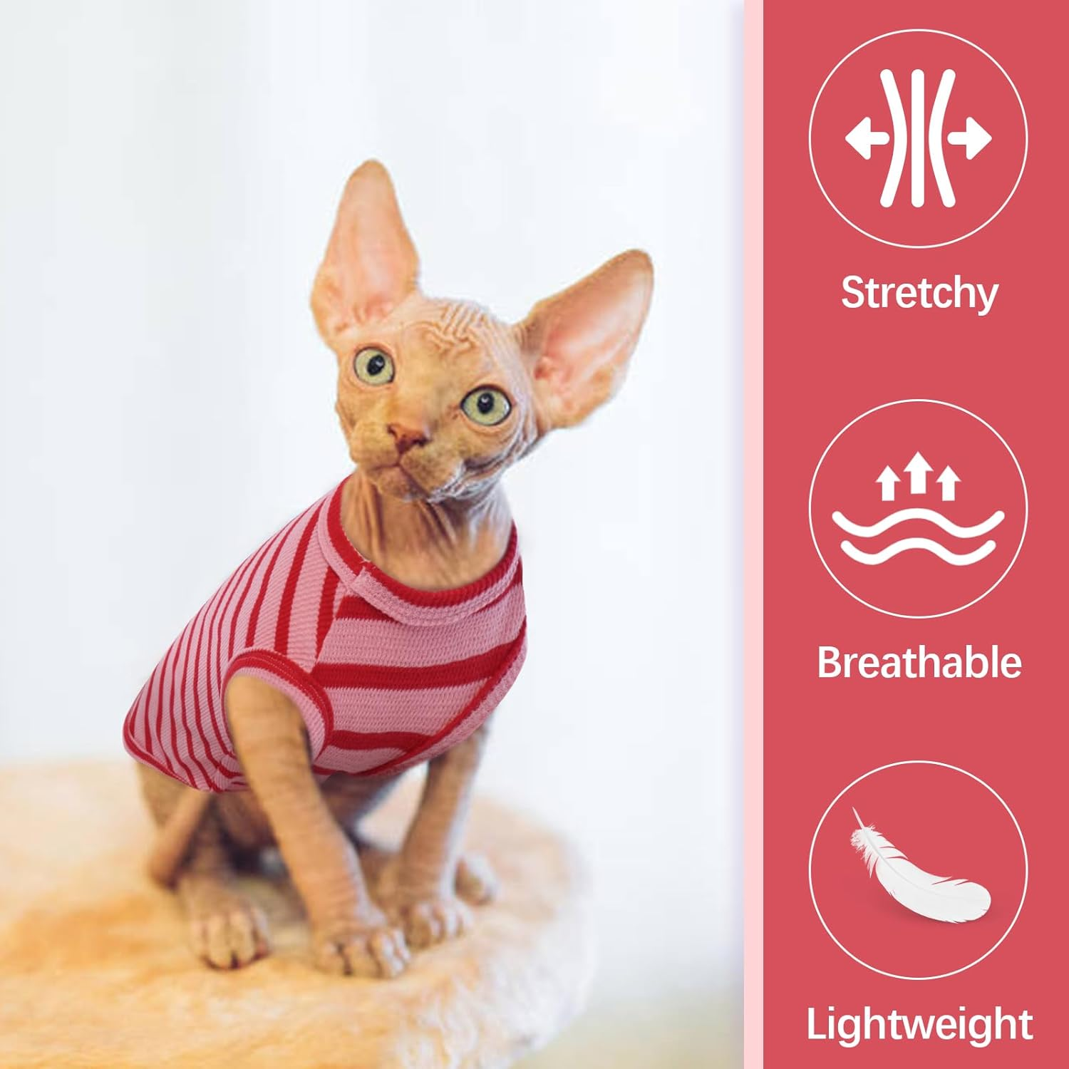 OUOBOB Sphynx Cat Clothes, Breathable Hairless Cat Shirts, Stripe Kitten T-Shirts Sleeveless, Pullover Cat Sweaters, Pet Summer Apparel for Sphynx, Cornish Rex, Devon Rex, Peterbald, Small Dogs
