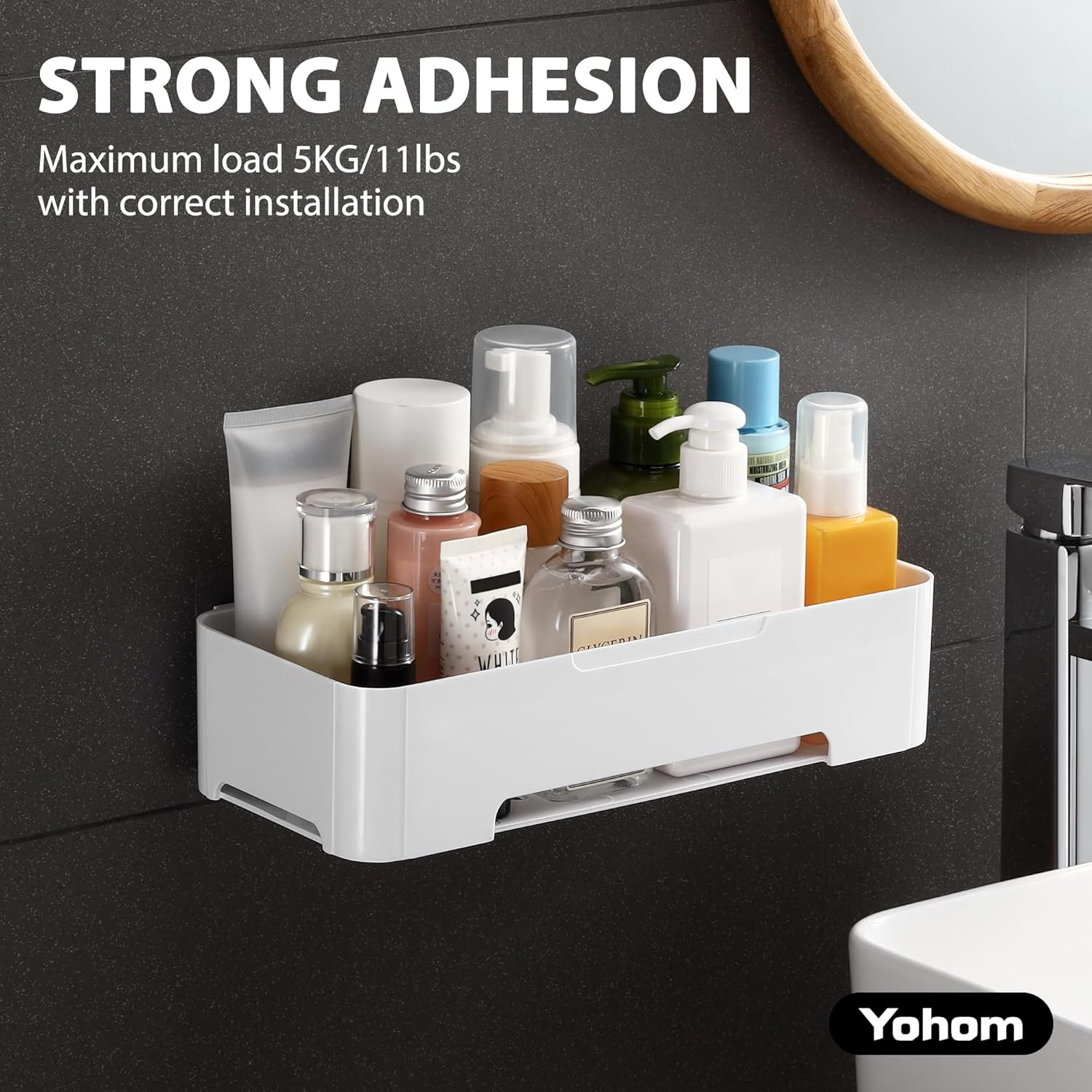 YOHOM Bathroom Shelf Adhesive Shower Caddy for Tile Wall Stick on Shower Shelf No Drilling White Shampoo Holder Organizer Plastic image number 5