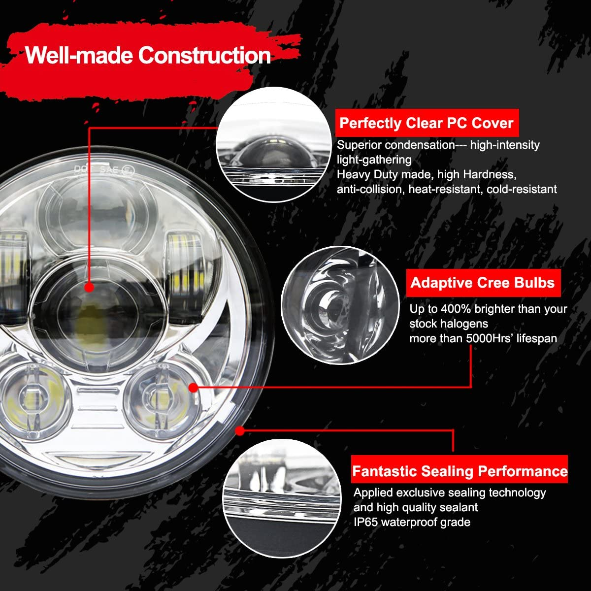 Wisamic 5-3/4" 5.75" LED Projection Headlight for Harley-Davidson 883, Sportster, Triple, Low Rider, Wide Glide Motorcycles (Silver)