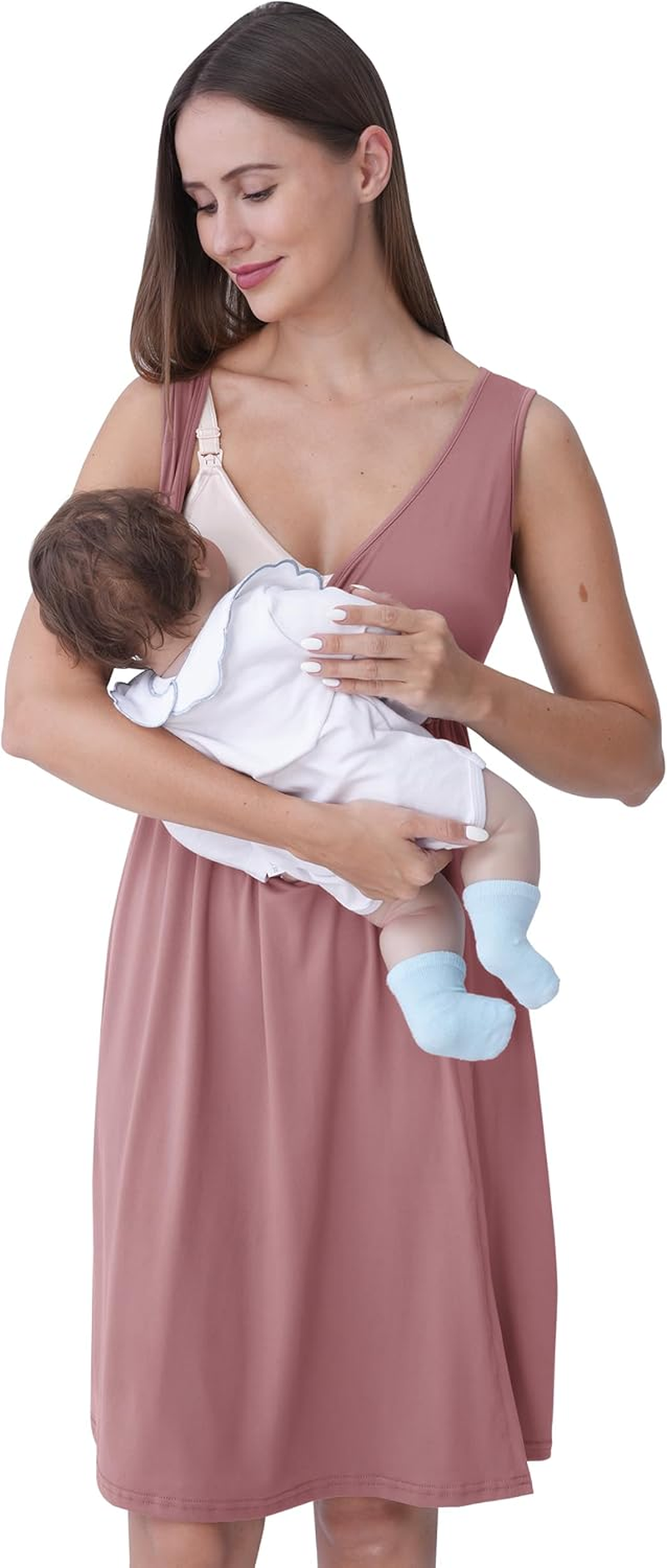 SUNNYBUY Maternity and Nursing Nightdress with Dressing Gown 2-Piece 3-In-1 Pregnancy Night Dress Set for Birth, Postpartum and Breastfeeding, Hospital Sleepwear image number 4