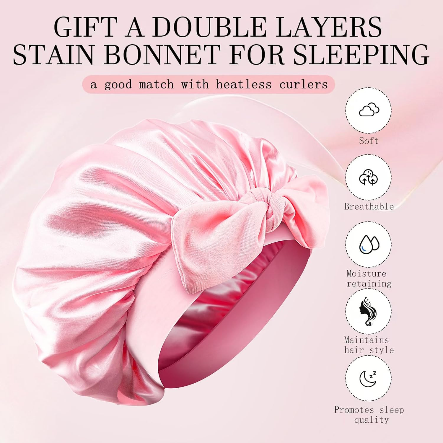 Hroevc No Heat Overnight Curls with Double Layer Satin Bonnet - Soft Hair Curlers to Sleep In, Heatless Curling Rods Set + Silk Bonnet for Women & Girls Long Hair, Heatless Waves & Volume (Pink) image number 1