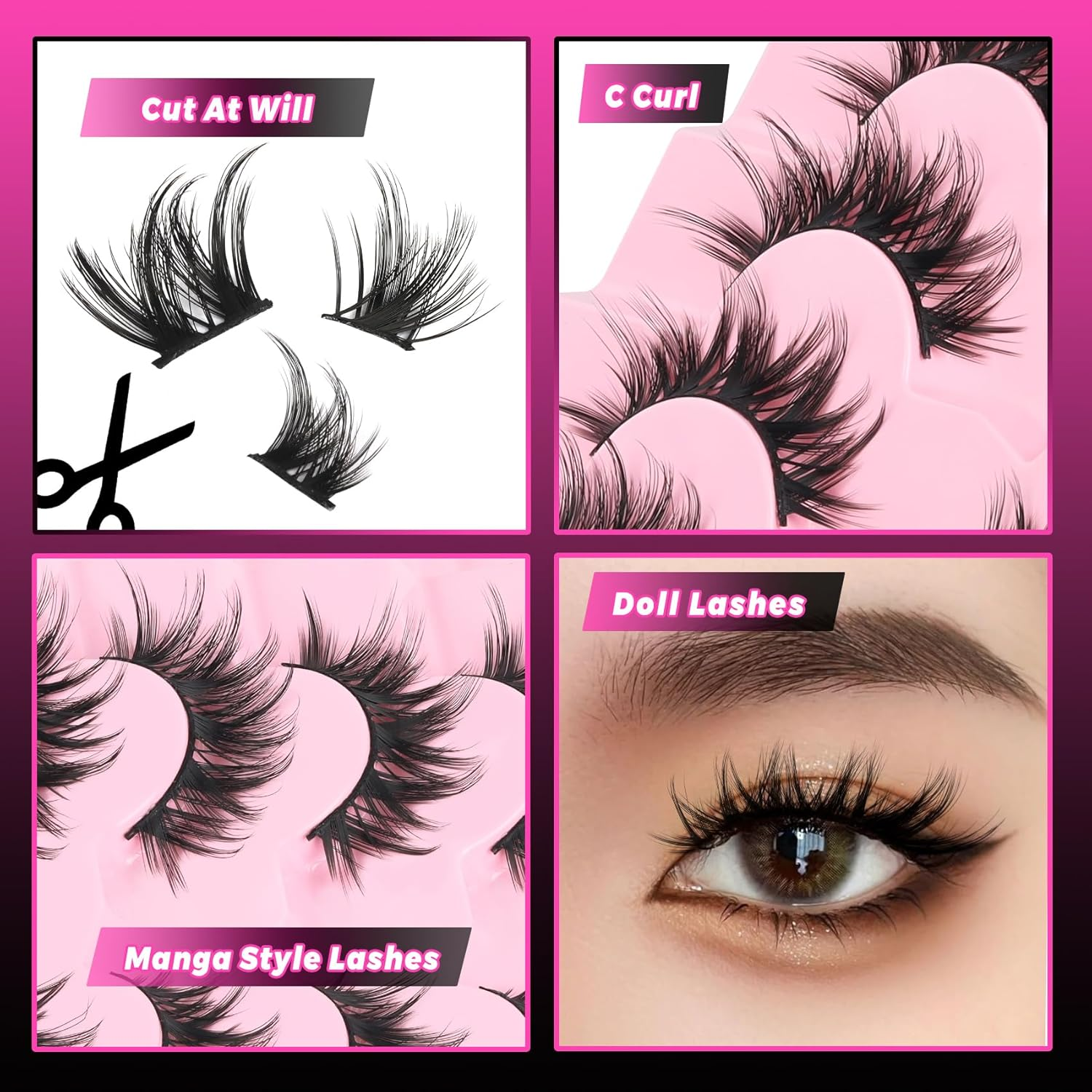 Veleasha Manga Lashes, Fake Lashes, Cat Eye Lashes, Crisscross Eyelashes, Soft Lashes, Artificial Eyelashes, False Eyelashes, Anime Lashes, 7 Pairs Pack (Mermaid) image number 6