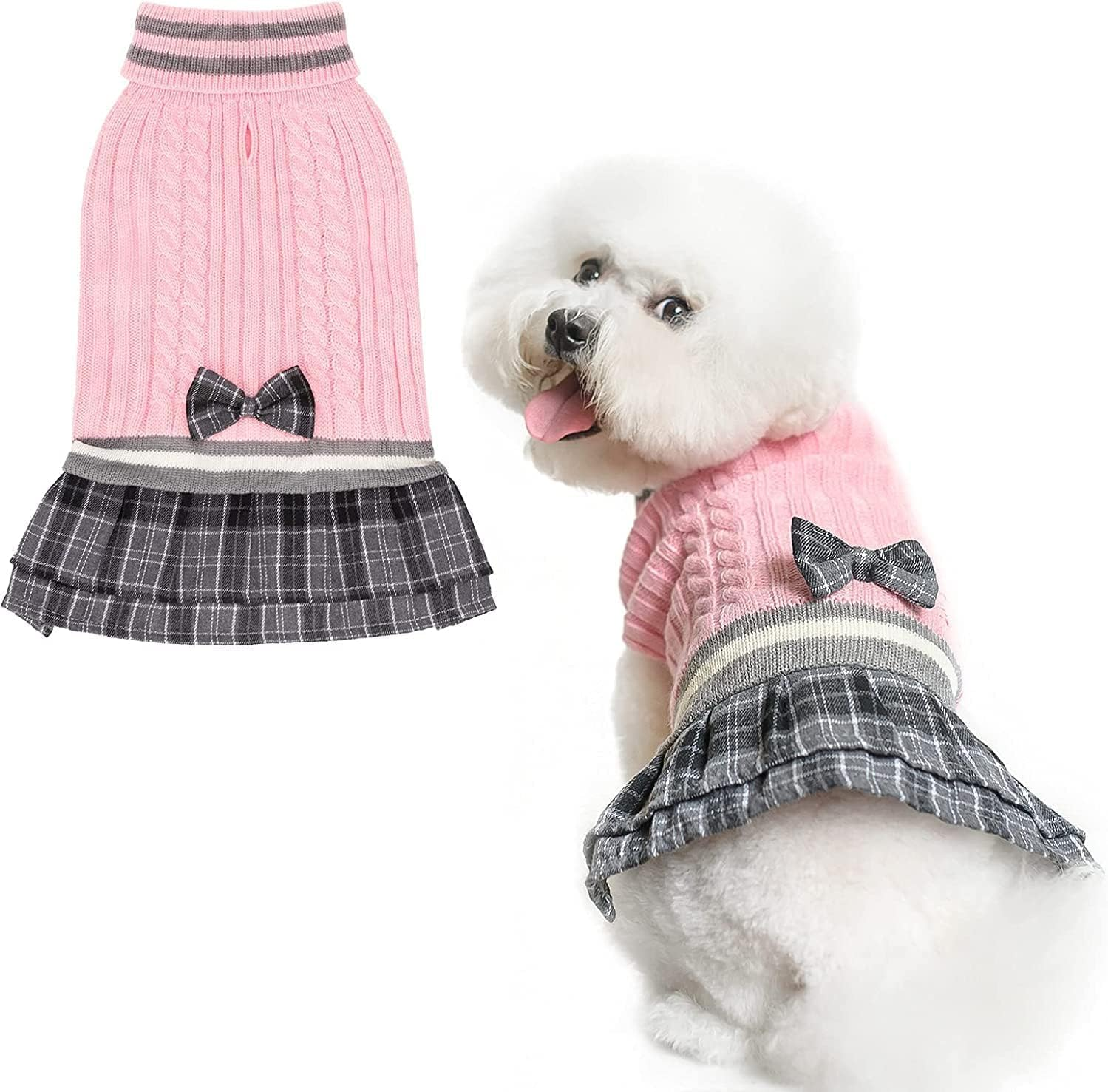 PAWCHIE Dog Sweater Dress with Bowtie - Dog Turtleneck Pullover Knitwear for Small Dogs Girls Cold Weather Sweater with Leash Hole, Suitable for Small Medium Dogs Puppies image number 2