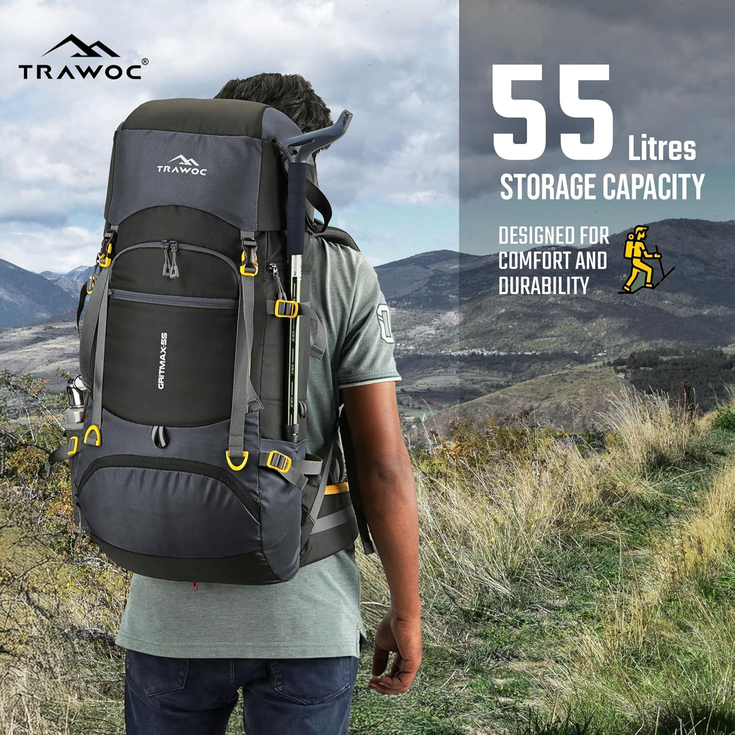 TRAWOC GRITMAX 55 Litre Travel Bag Front & Top Open Backpack for Hiking Trekking Camping, Rucksack for Men & Women with Rain Cover and Shoe Compartment image number 2