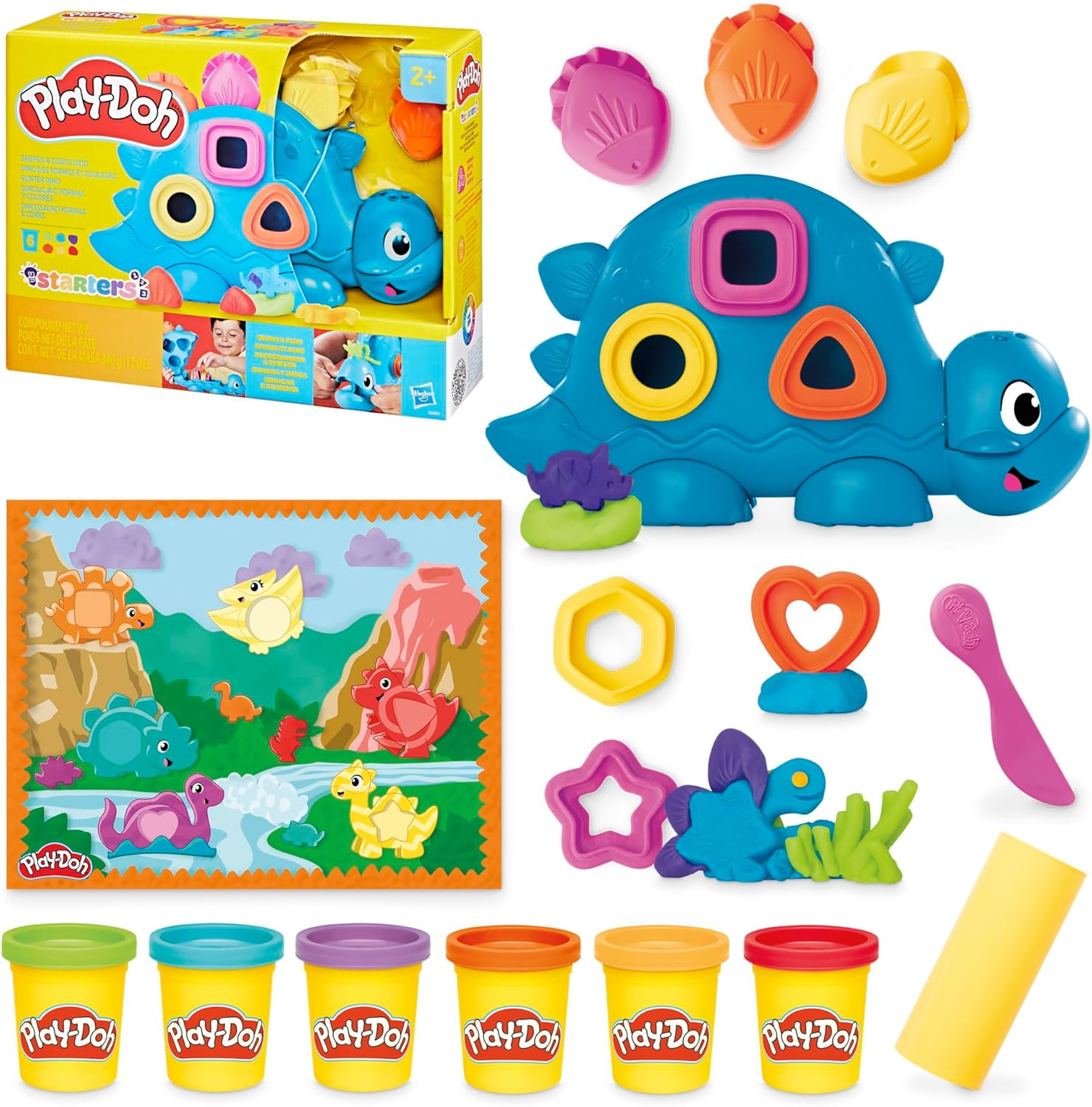 Play-Doh Shapes & Colors Dino Starter Set, Tactile Sensory Play Dinosaur Toys for Kids 2+, 11 Accessories