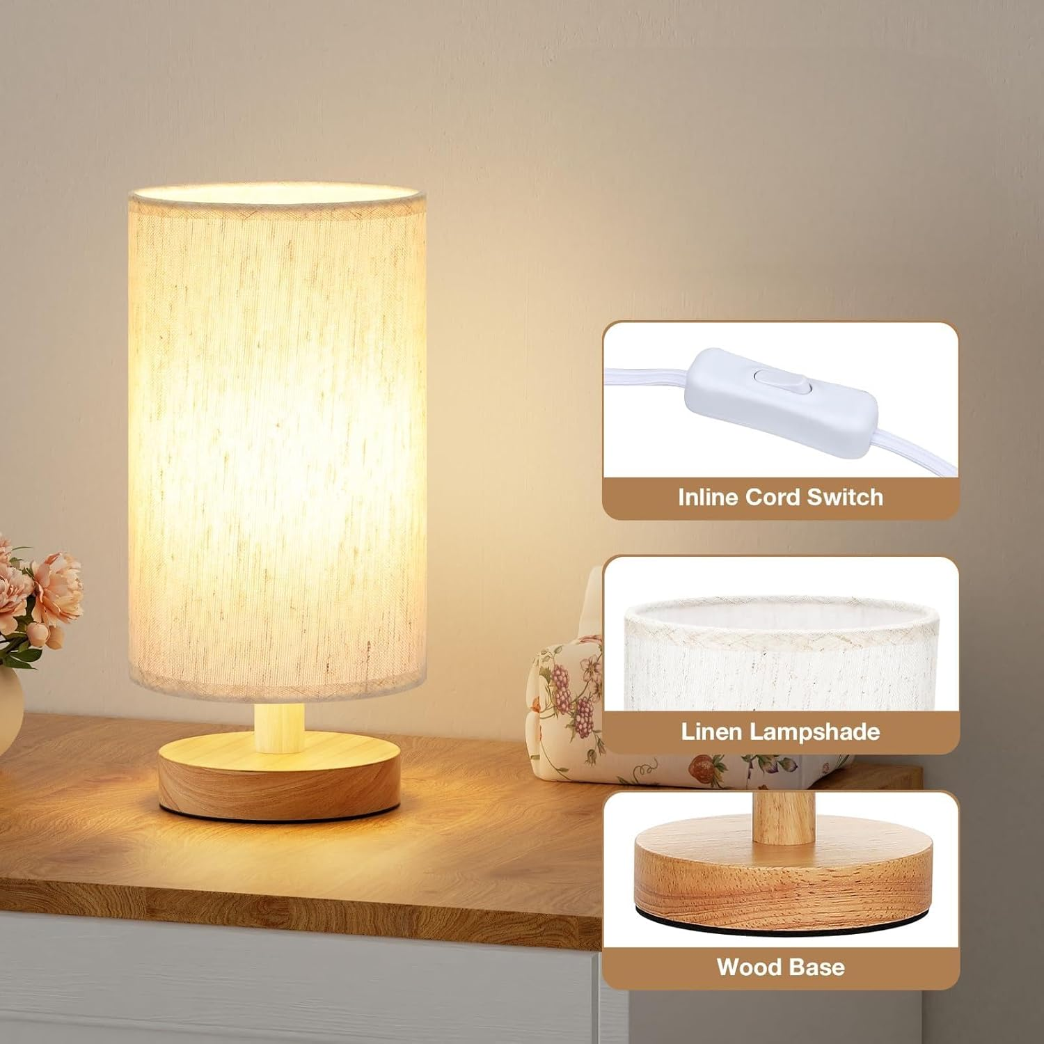 Small Table Lamp for Bedroom - Inline Control, Bedside Lamp with 3000K A15 LED Blub, Easy Assembly (Cream Shade - Wood Base, 9" Inline Control) image number 6