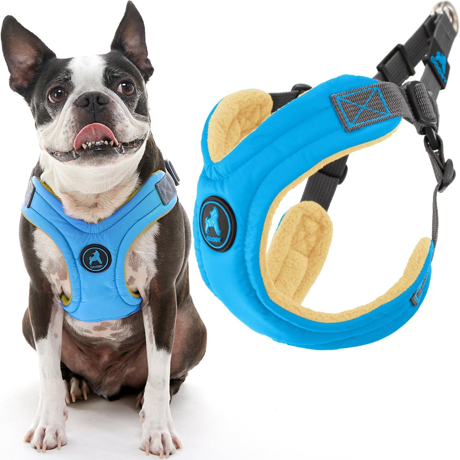 Gooby Escape Free Memory Foam Harness - Blue, Medium - No Pull Step-In Small Dog Harness with Four Point Adjustment - Perfect on the Go Dog Harness for Medium Dogs No Pull and Small Dogs