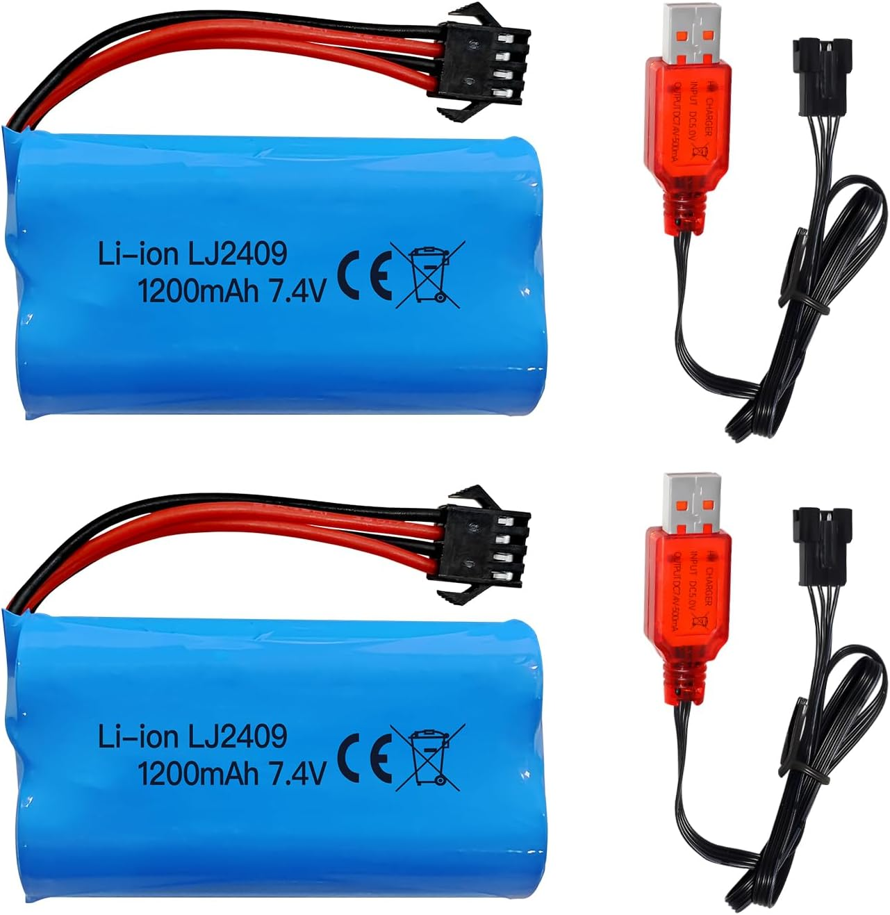 Fytoo 2PCS 7.4V 1200Mah SM-4P Plug Rechargeable Battery with USB Charging Cable for EC08 RC Car Model Off-Road Vehicle Climbing Drift Racing Remote Control Boat Battery
