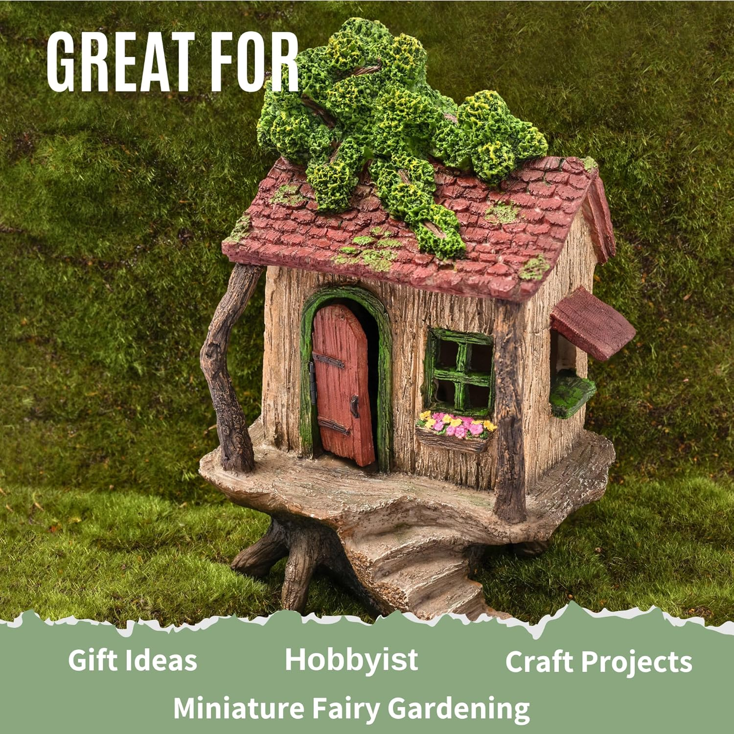 PRETMANNS Fairy Garden Fairy Houses &ndash; Fairy Garden Houses for Outdoor - Large Fairy Tree House with a Door That Opens &ndash; 9&rdquo; High - Fairy Garden Supplies for Miniature Garden Accessories image number 6