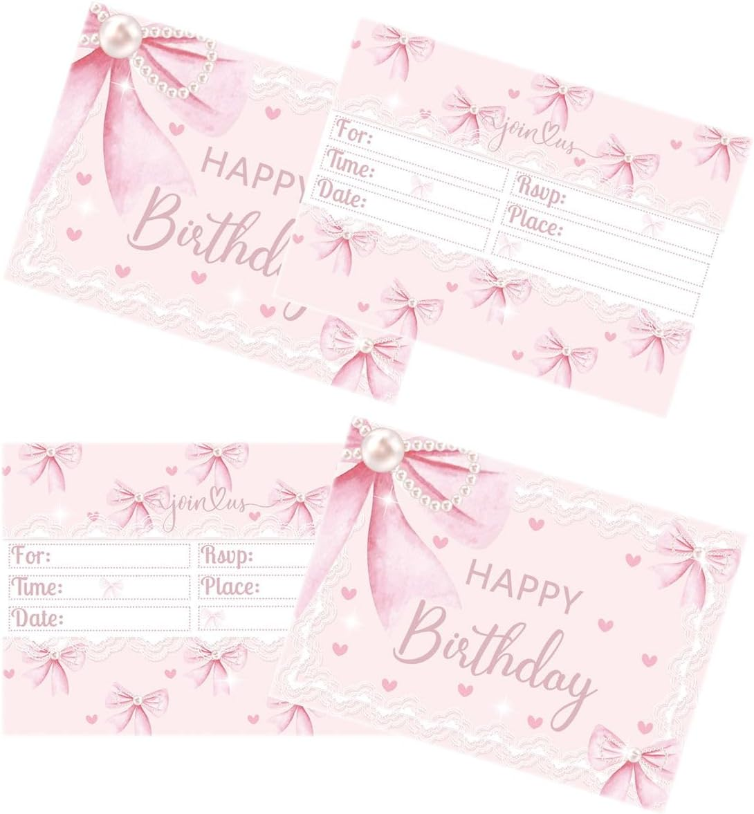 OUSHISS 24Pcs Pink Bow Birthday Party Invitation Cards, Pink Bow Coquette Birthday Party Supplies, Bow Kids Party Decoration Supplies