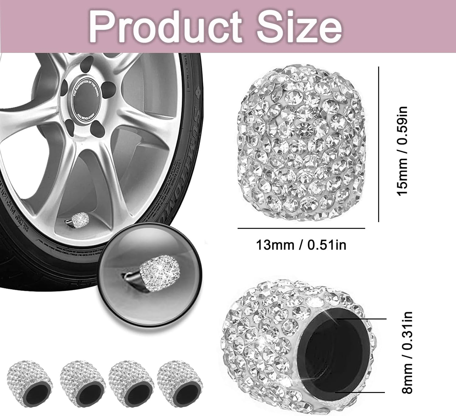 Bling Tire Valve Stem Caps 4 Pack Crystal Tire Caps Shinny Rhinestone for Women, Wheel Tire Valve, Car Accessories Universal for Cars, Trucks, SUV and Motorcycles-White image number 6