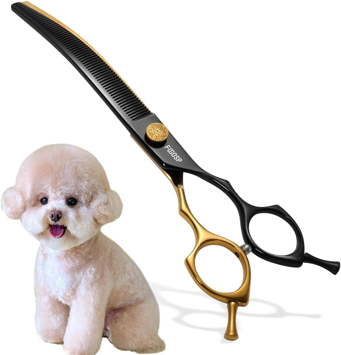 FOGOSP Curved Thinning Shears 7'' Chunker Shears Japan 440C Stainless Steel Professional Dog Scissors for Grooming Small Medium Pet 75% Thinning Rate(Black)