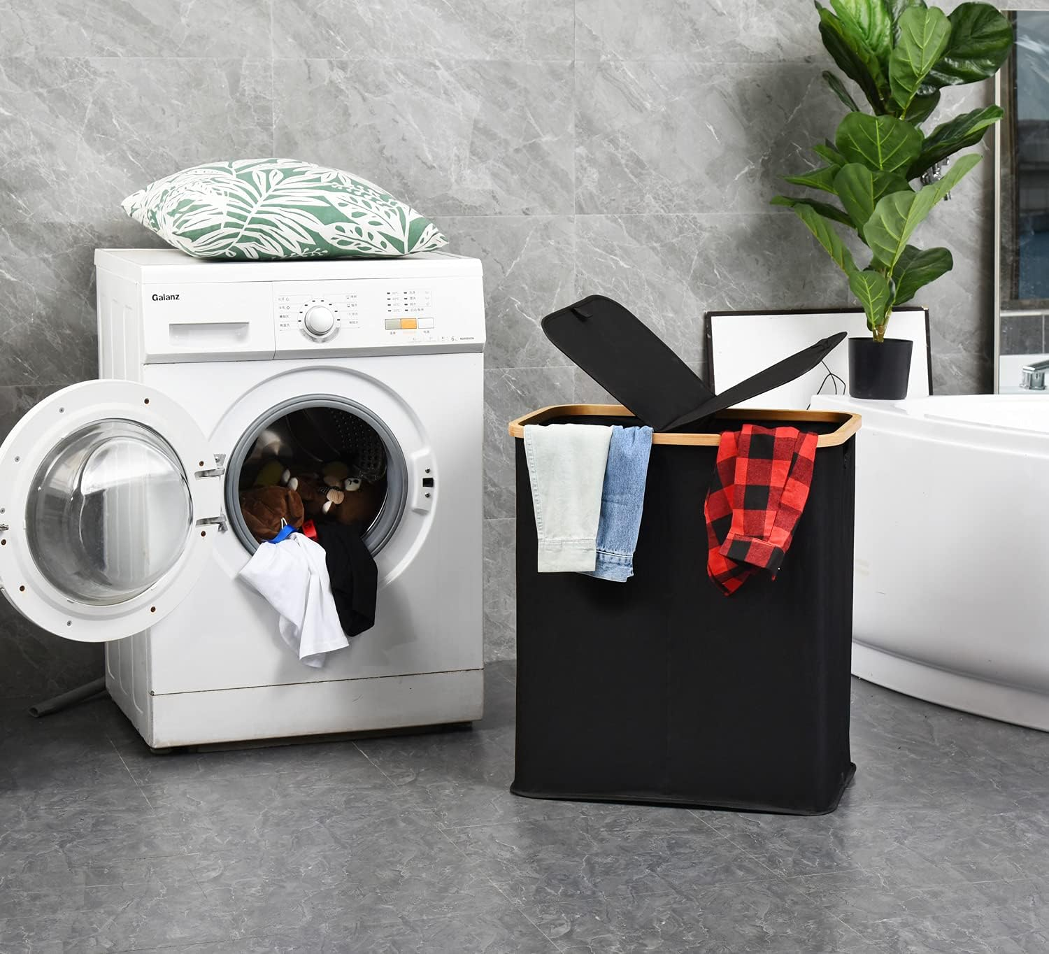 ALINK Divided Folding Bamboo & Canvas Laundry Hamper- Double Large Laundry Basket with Lid - Modern Collapsible Hamper with Handles, Waterproof Liner, Great for Adults, Bathroom, Living Room-Black image number 1