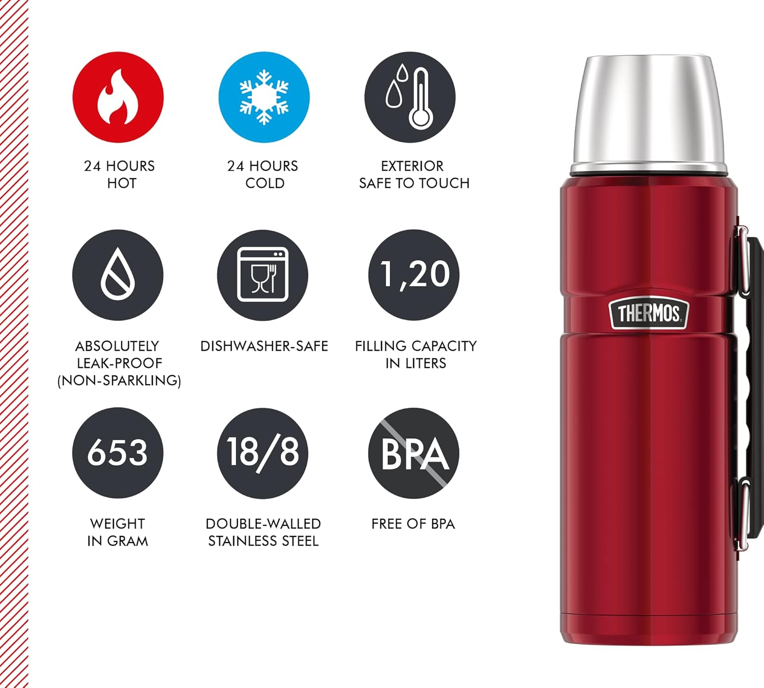 Thermos Stainless King Thermos Flask, Red, 1.20 L, Stainless Steel, Completely Leak-Proof, with Drinking Cup and Handle, 12 Hours Hot & 24 Hours Cold, Dishwasher Safe, Bpa-Free image number 5