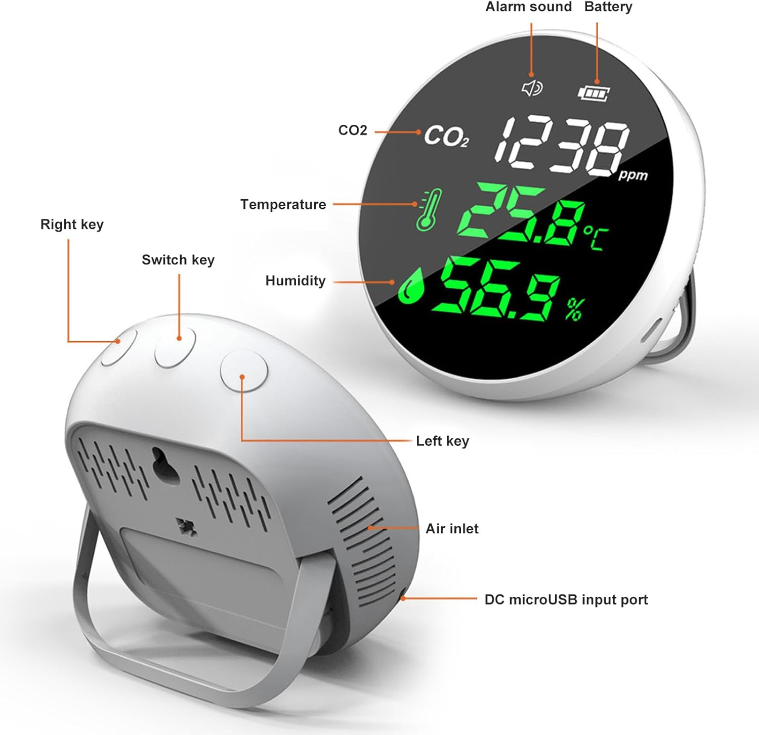 Desktop CO2 Temperature Humidity Monitor Real Time Monitoring CO2 Detector with Alarm for Home Office, 400‑5000PPM Detection Range image number 3