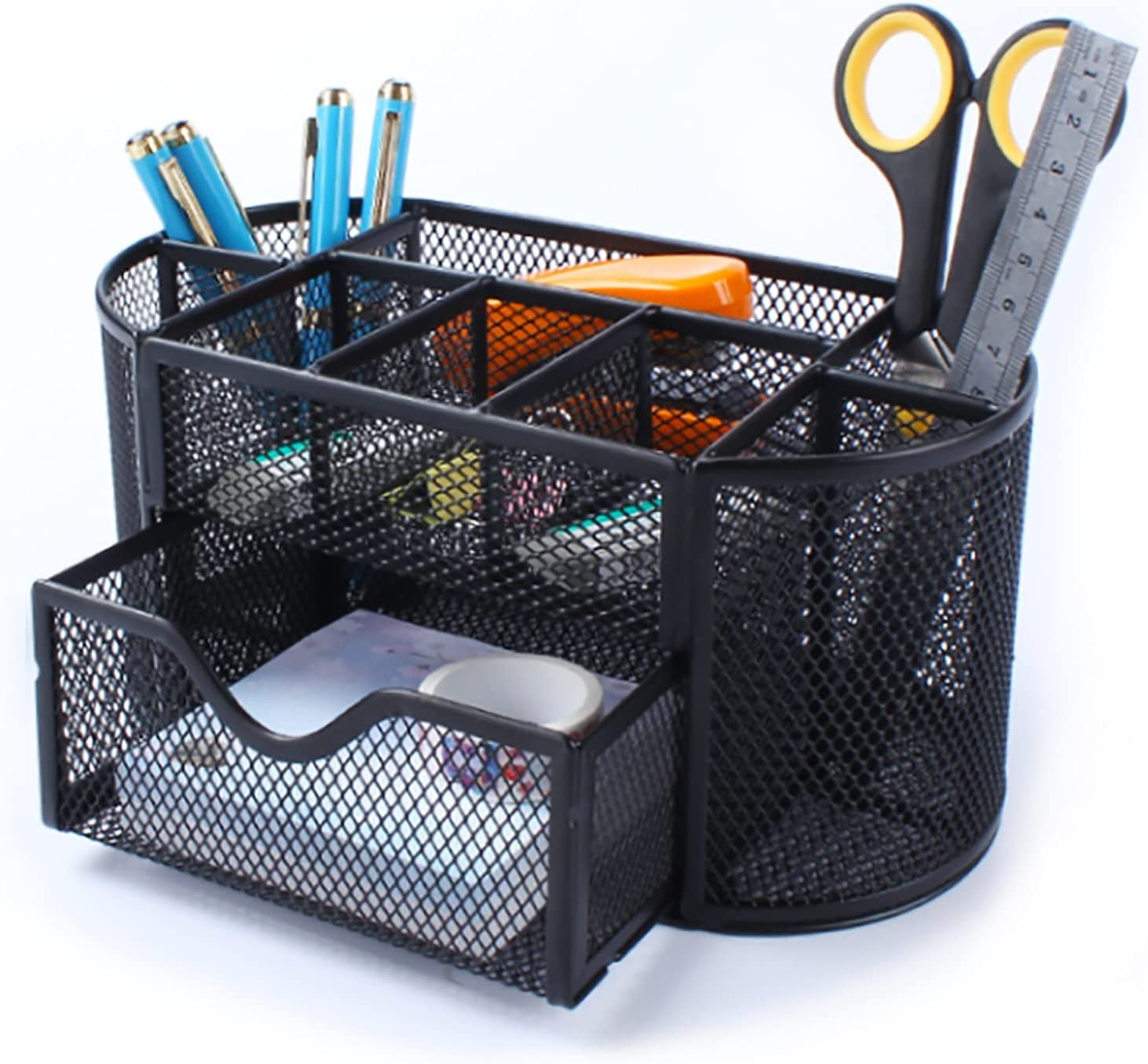 Yuroochii Modern Minimalist Black Mesh Desk Tidy Multifunctional Pen Holder with Drawer, 8 Compartments, Space Saver, Rust-Resistant, Desk Organiser image number 5