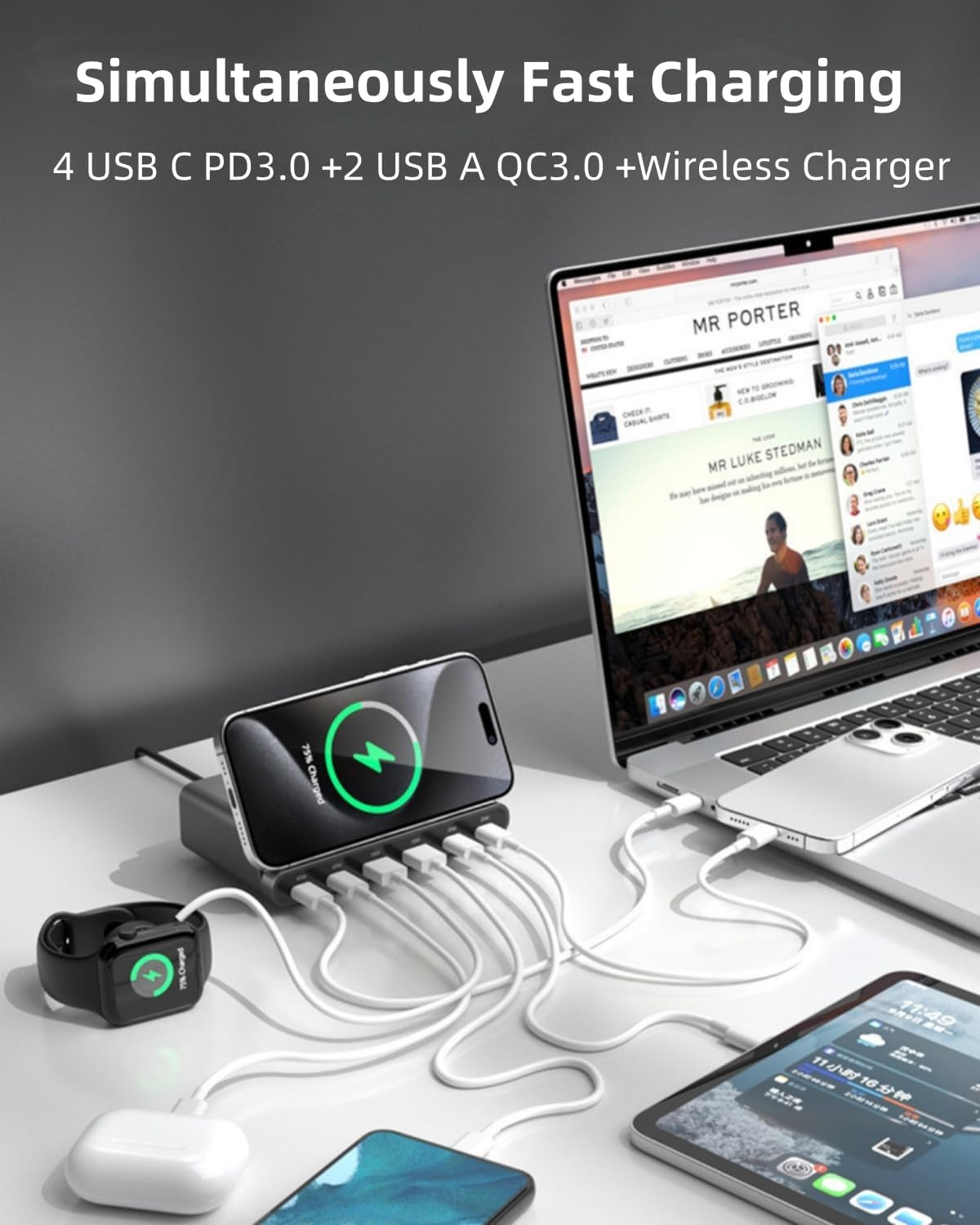 FOSION USB C Charger 160W 6 Port Desktop Wireless Charger Stand，Multiport USB C Charge Station with PD QC 3.0 Fast Charging and 15W Wireless Charging for Macbook，Laptop,Iphone 15,Galaxy S24
