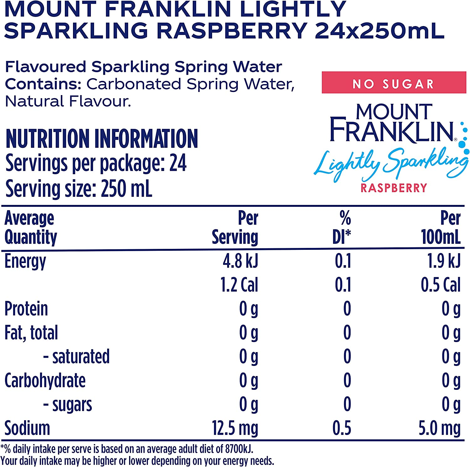 Mount Franklin Lightly Sparkling Water Raspberry Multipack Mini Cans 24X250Ml image number 2