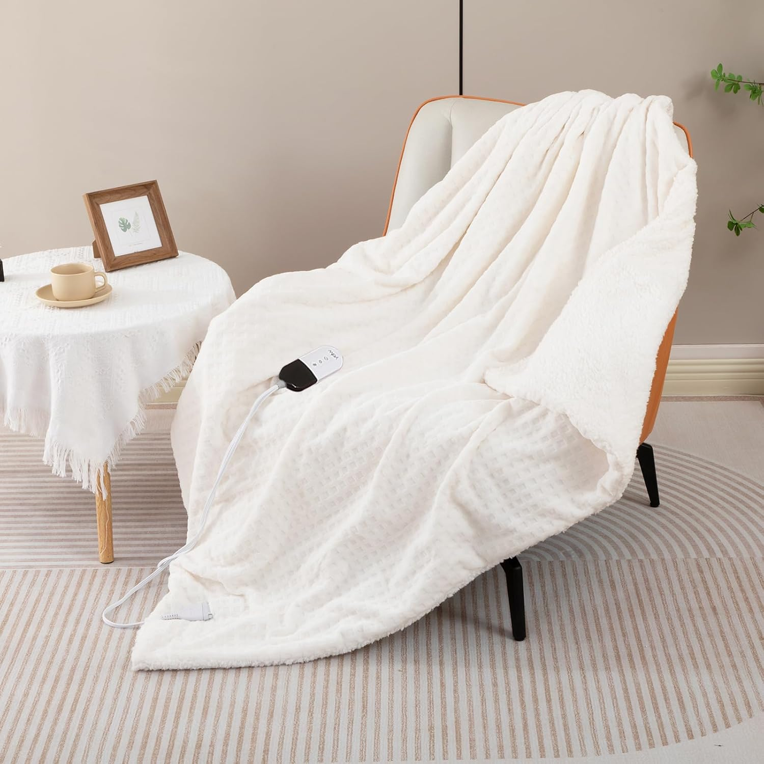 YDW Heated Blanket Electric Throw - 130X180Cm Soft Rug Plush Fleece Waffle Heating Warming Rugs with Auto Shut off for Couch Office Chair Lap Bed Adults Fuzzy Cozy Machine Washable Throws Size Beige image number 6