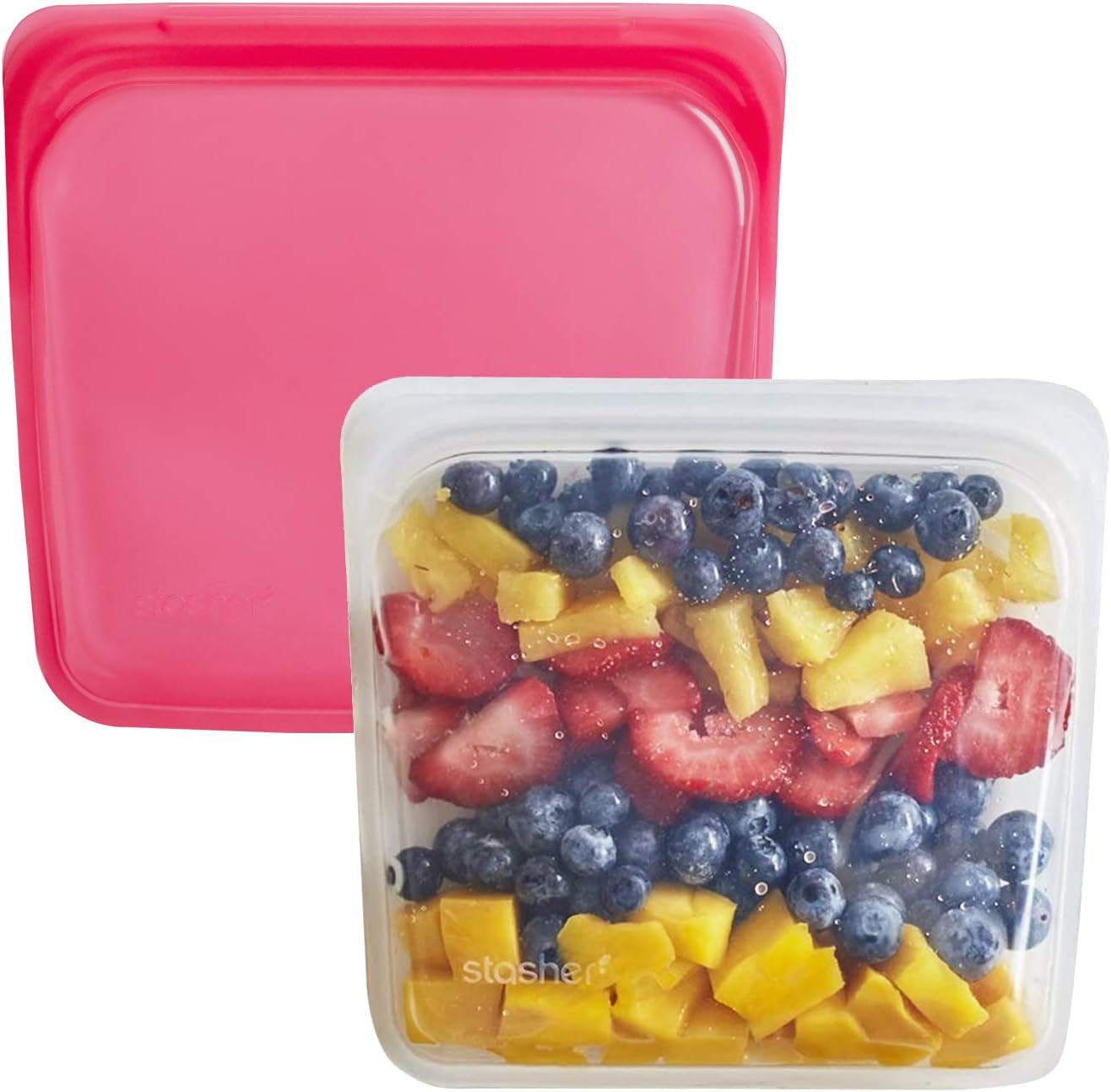 STASHER Reusable Silicone Sandwich Bags in Raspberry & Clear 828Ml&mdash; Pure Platinum Silicone | 100% Plastic-Free & Reusable | Airtight Seal | Microwave, Dishwasher. Fridge, Freezer, & Oven Safe image number 2