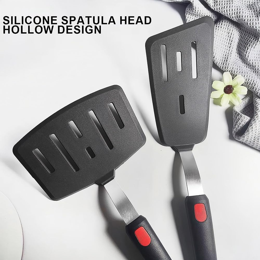 Kushucun Professional Silicone Spatula &ndash; High Heat Resistant Fish & Pancake Turner, Wide Flexible Blade for Non-Stick Pans, Dishwasher Safe (Black Grip Design)