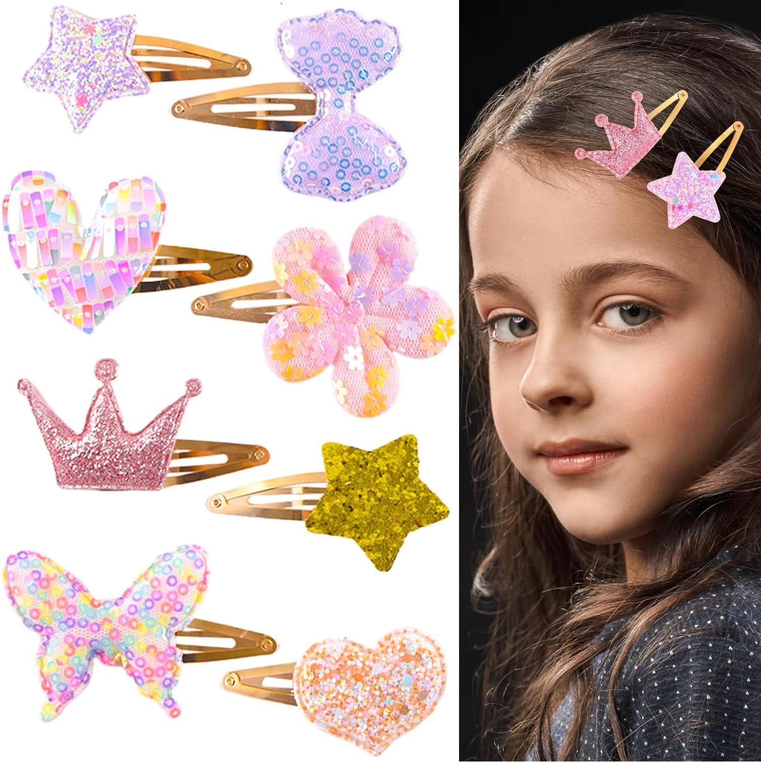 Pack of 16 Hair Clips Cute Metal Hair Barrettes Sparkling Hair Clips for Girls, Crown, Butterfly, Star, Heart Shaped Glitter Little Girl Clip, Non-Slip Hair Styling Accessories for Women image number 2